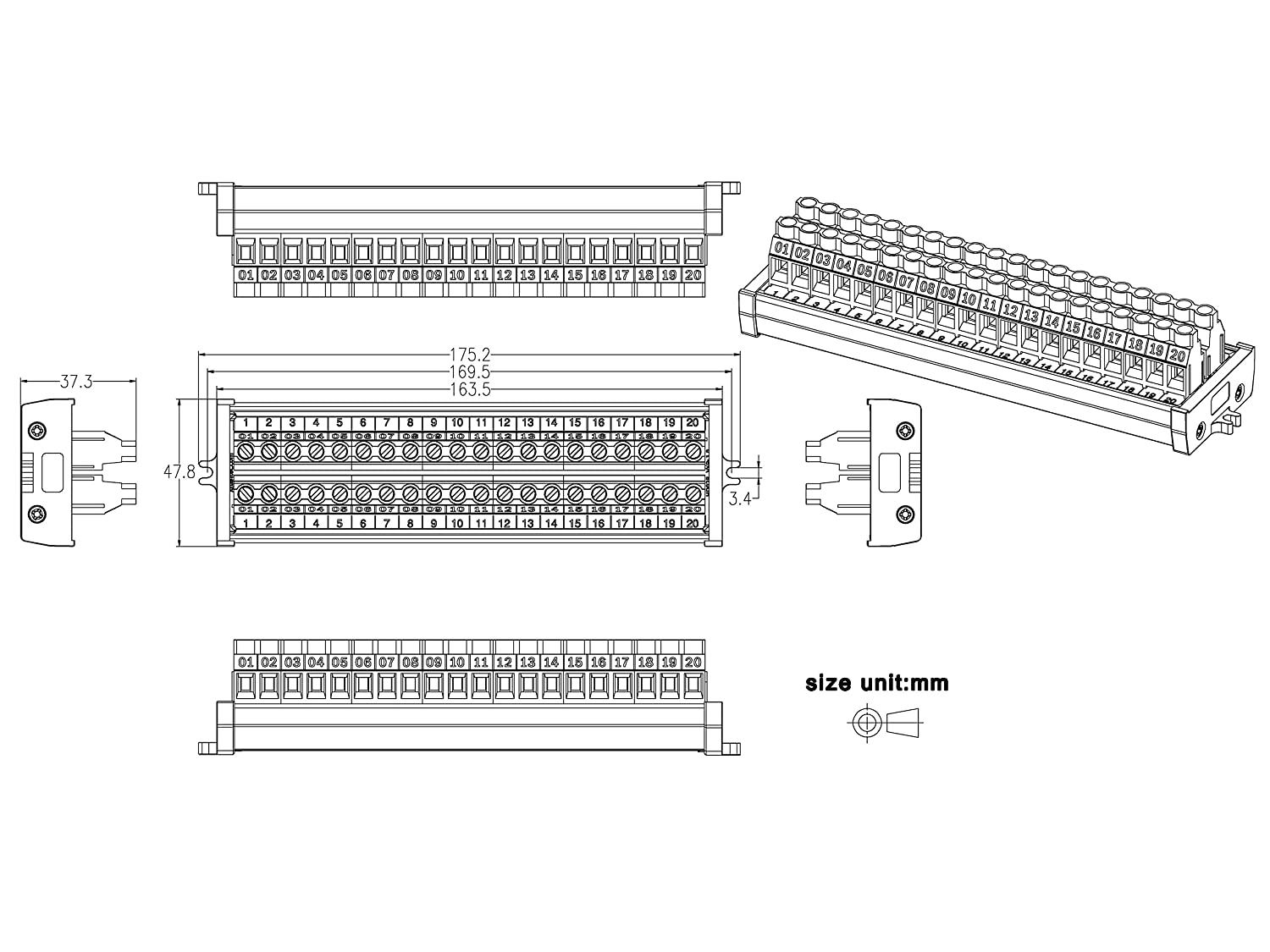 20 Position 30Amp/300V Screw Terminal Block Distribution Module (Screw Mount)