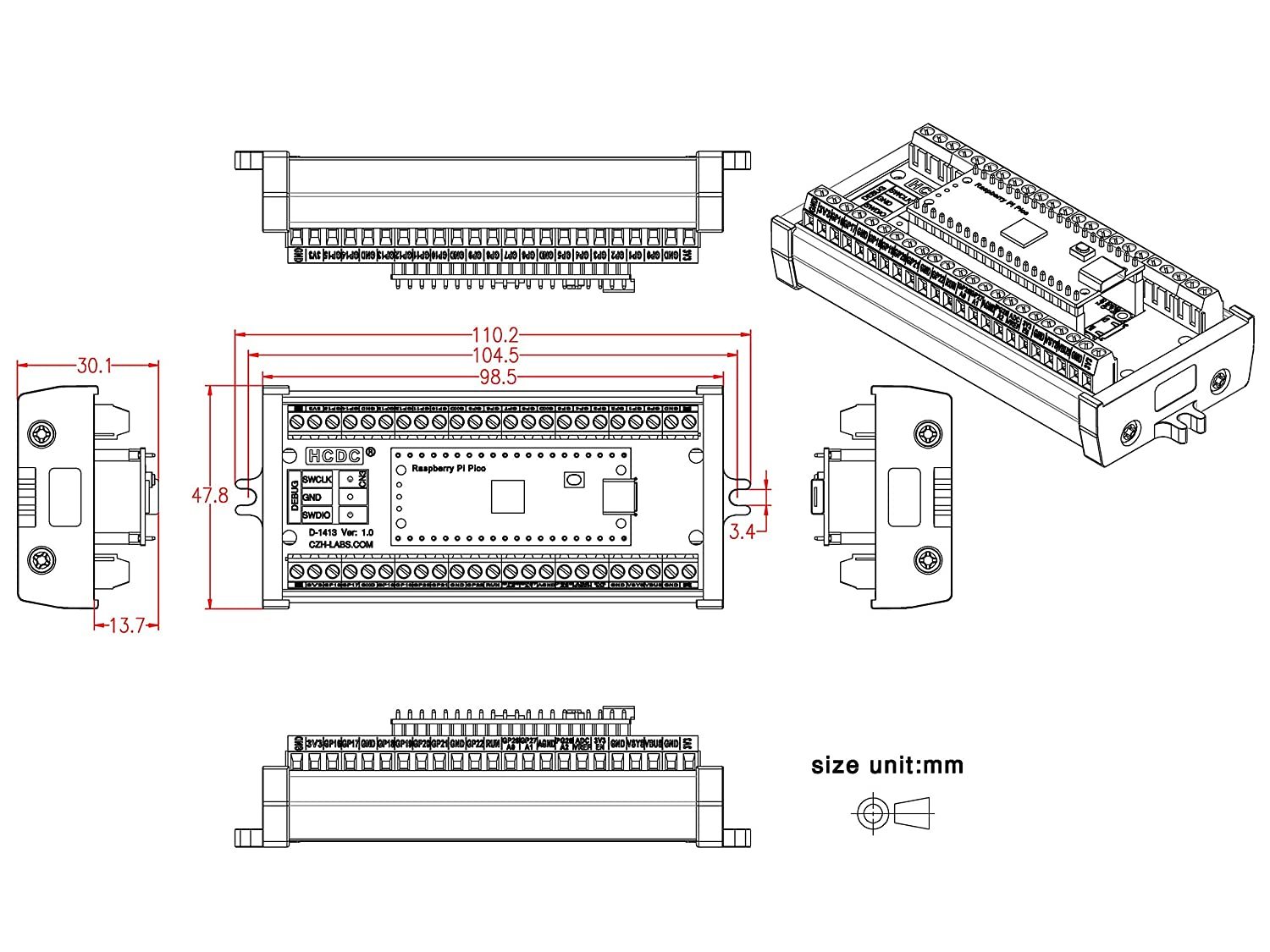 Terminal Block Breakout Module for Raspberry Pi Pico (Screw Mount)