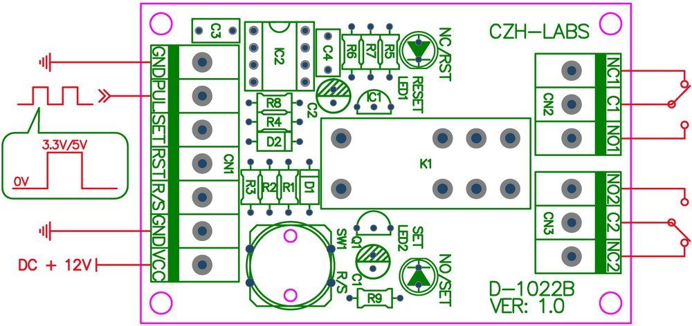 Panel Mount Momentary-Switch/Pulse-Signal Control Latching DPDT Relay Module,5V.