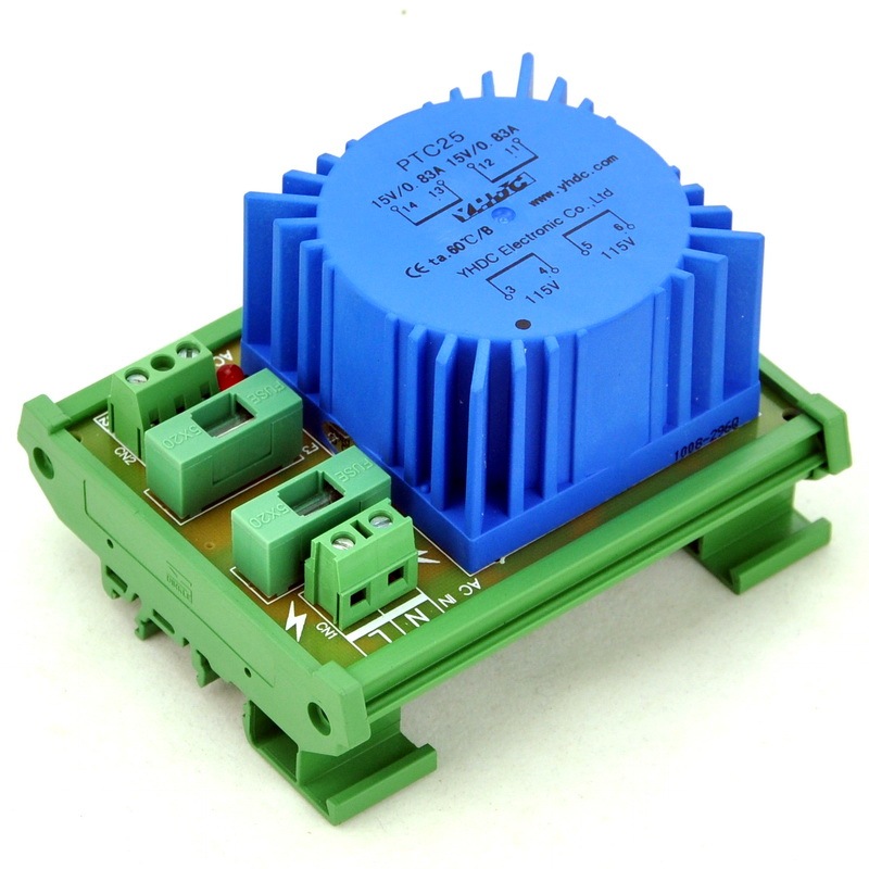 CZH P 230VAC, S 15VAC, 25VA DIN Rail Mount Toroidal Power Transformer Module.