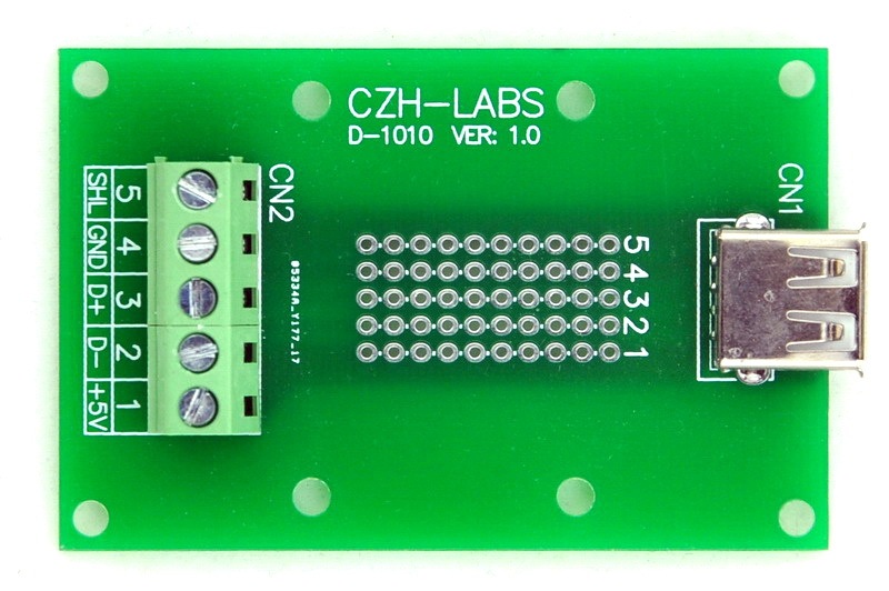 CZH-LABS USB Type A Female Right Angle Jack Breakout Board, Terminal Block Connector.