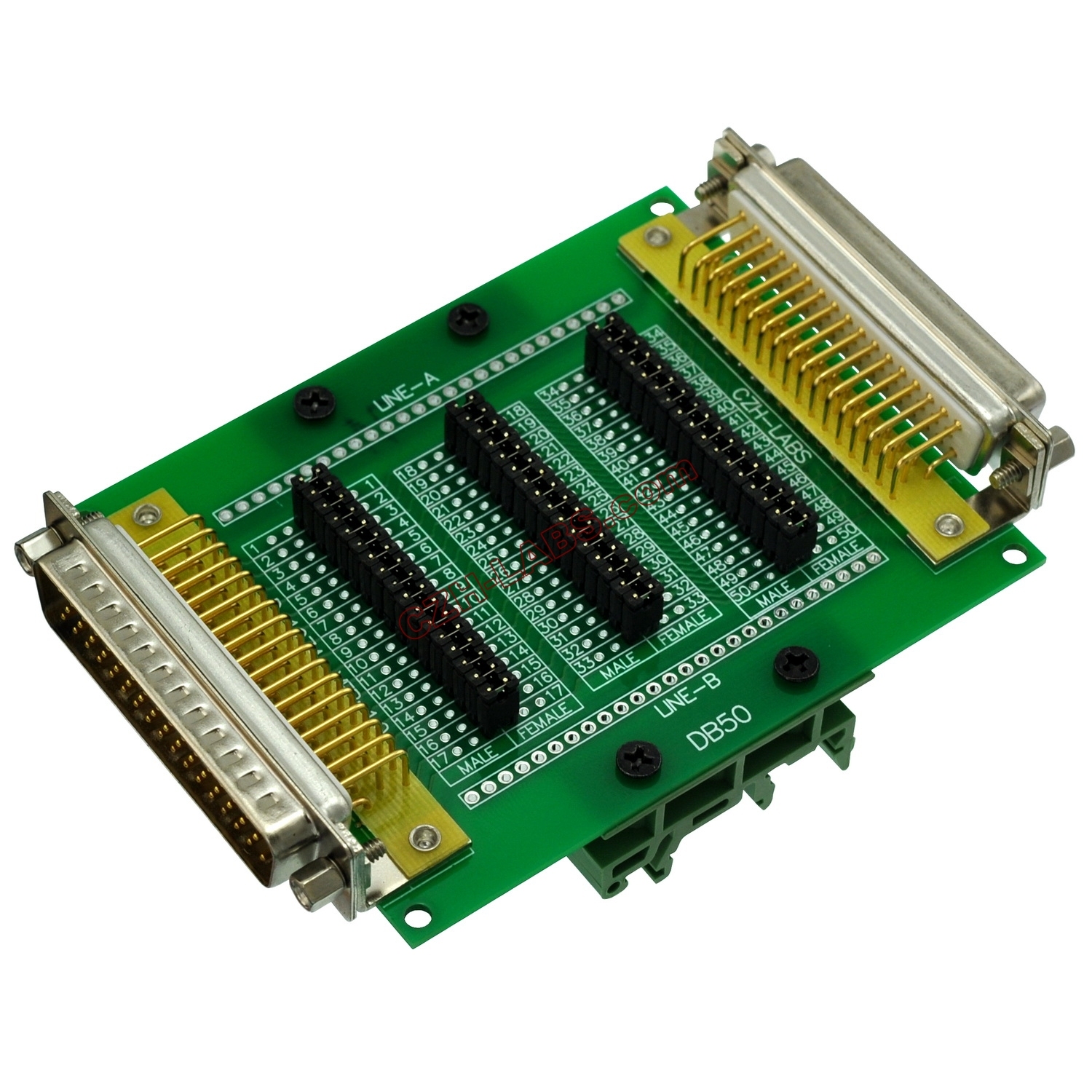 CZH-LABS DIN Rail Mount D'sub DB50 Diagnostic Test Breakout Board, DSUB DB50 Connector Male to Female.