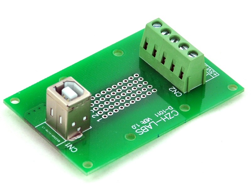 CZH-LABS USB Type B Female Vertical Jack Breakout Board, Terminal Block Connector.