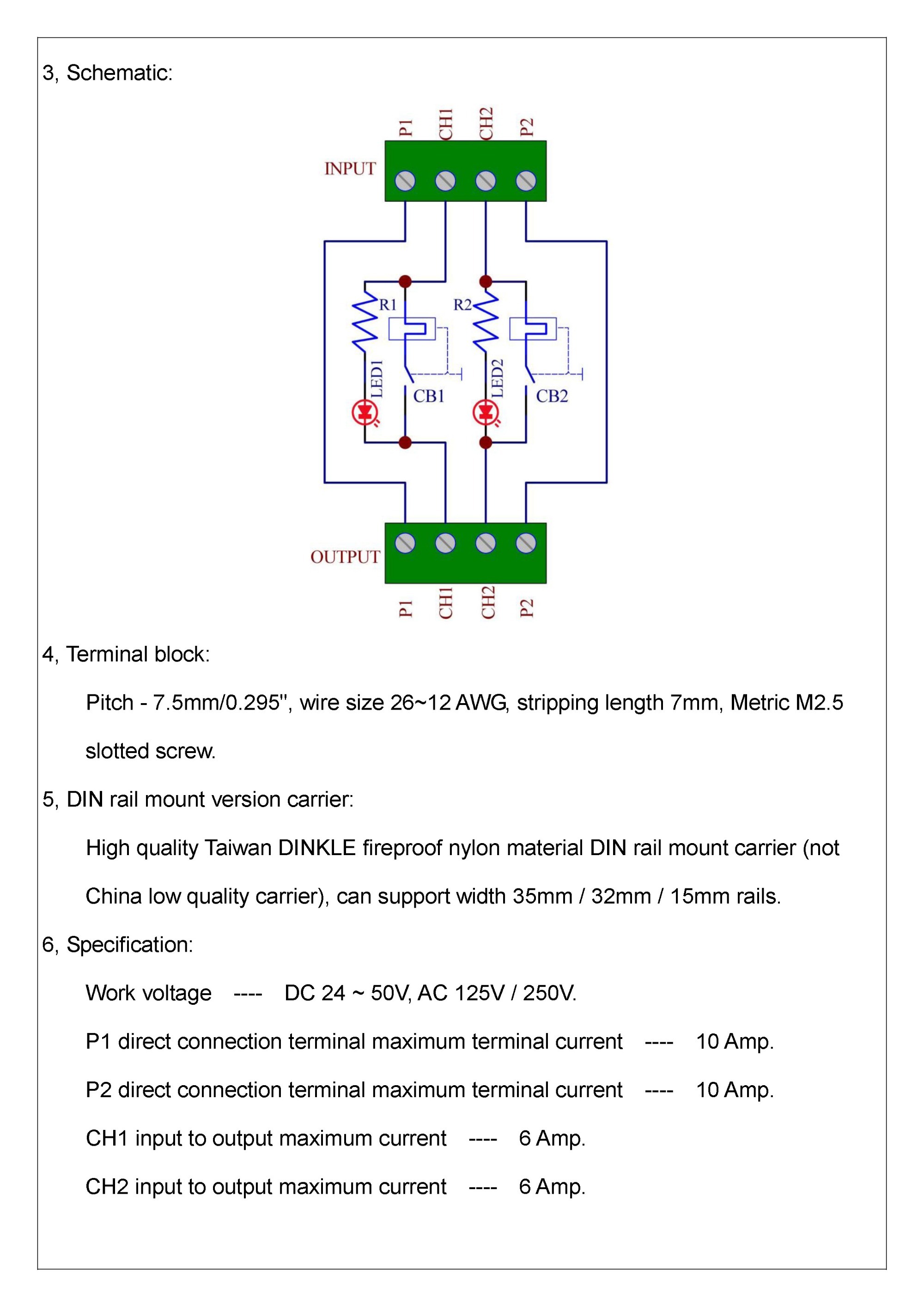 Panel Mount 2 Channel Thermal Circuit Breaker Module, with 2 Direct Connection Terminal.