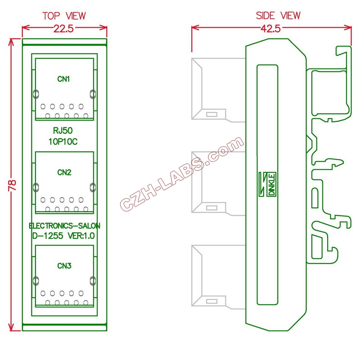 Slim DIN Rail Mount RJ50 10P10C 3 Jacks Splitter Buss Board Interface Module.