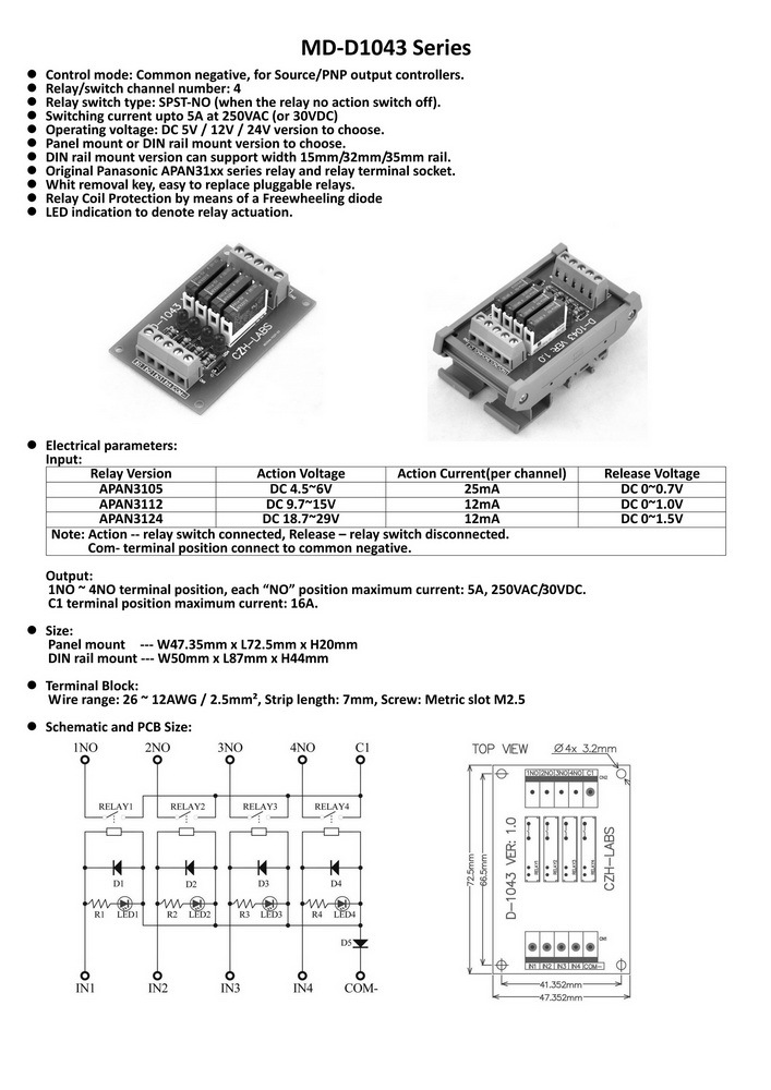 CZH-LABS Slim DIN Rail Mount DC5V Source/PNP 4 SPST-NO 5A Power Relay Module, APAN3105