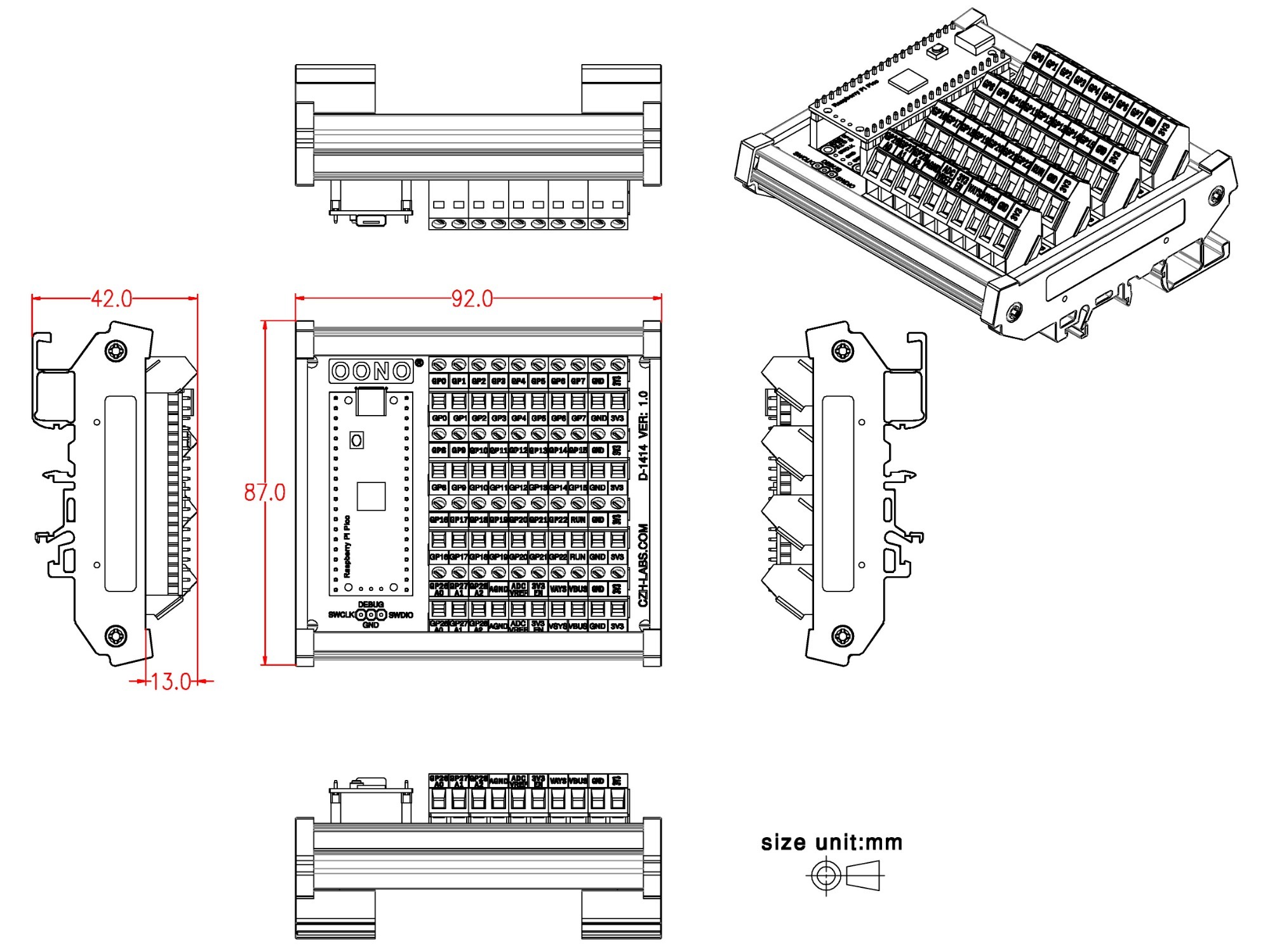 DIN Rail Mount Screw Terminal Block Breakout Module for Raspberry Pi Pico