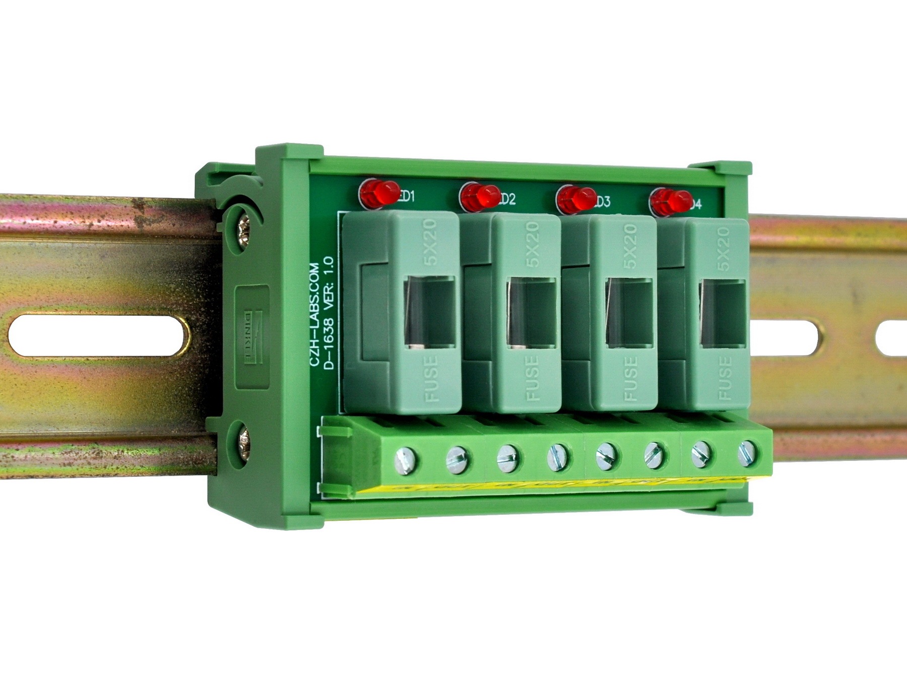 DIN Rail Mount AC 24 - 250V 4 Channel Fuse Module, OONO D-1638AT