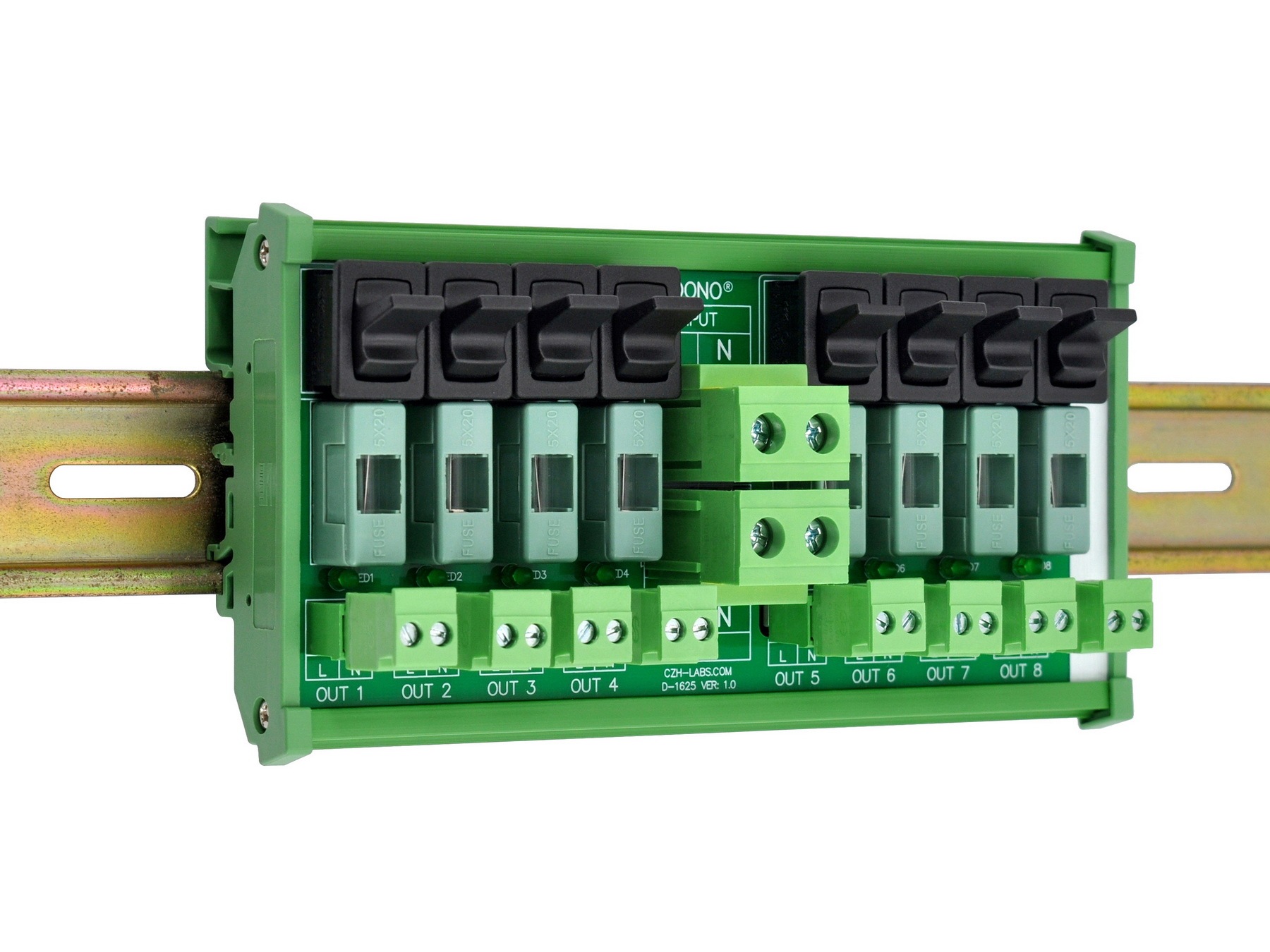 AC 52 Amp 8 Channel Power Distribution Module, Paddle Switch, Fused, Pluggable Side Wiring Terminal Block, DIN Rail and Screw Mount