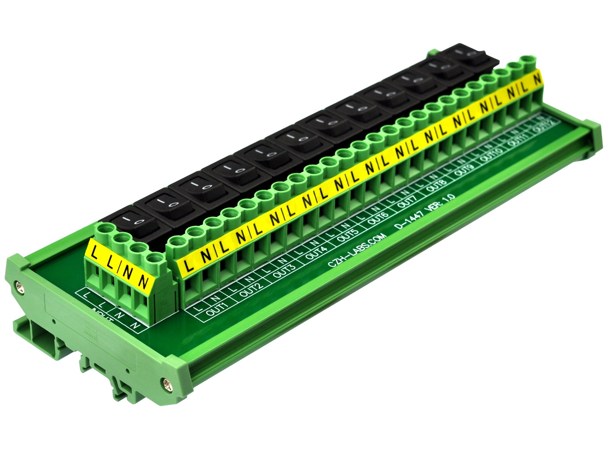 DIN Rail Mount 12 Channel Rocker Switch AC 115V 230V Power Distribution Strip Module