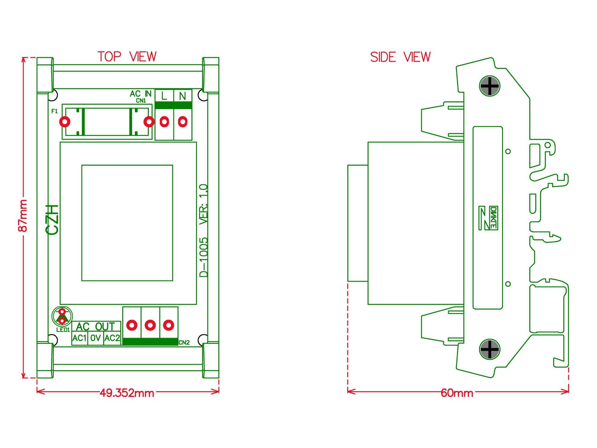 CZH P 230VAC, S 12VAC, 5VA DIN Rail Mount Power Transformer Module, D-1005T/J, AC12V.