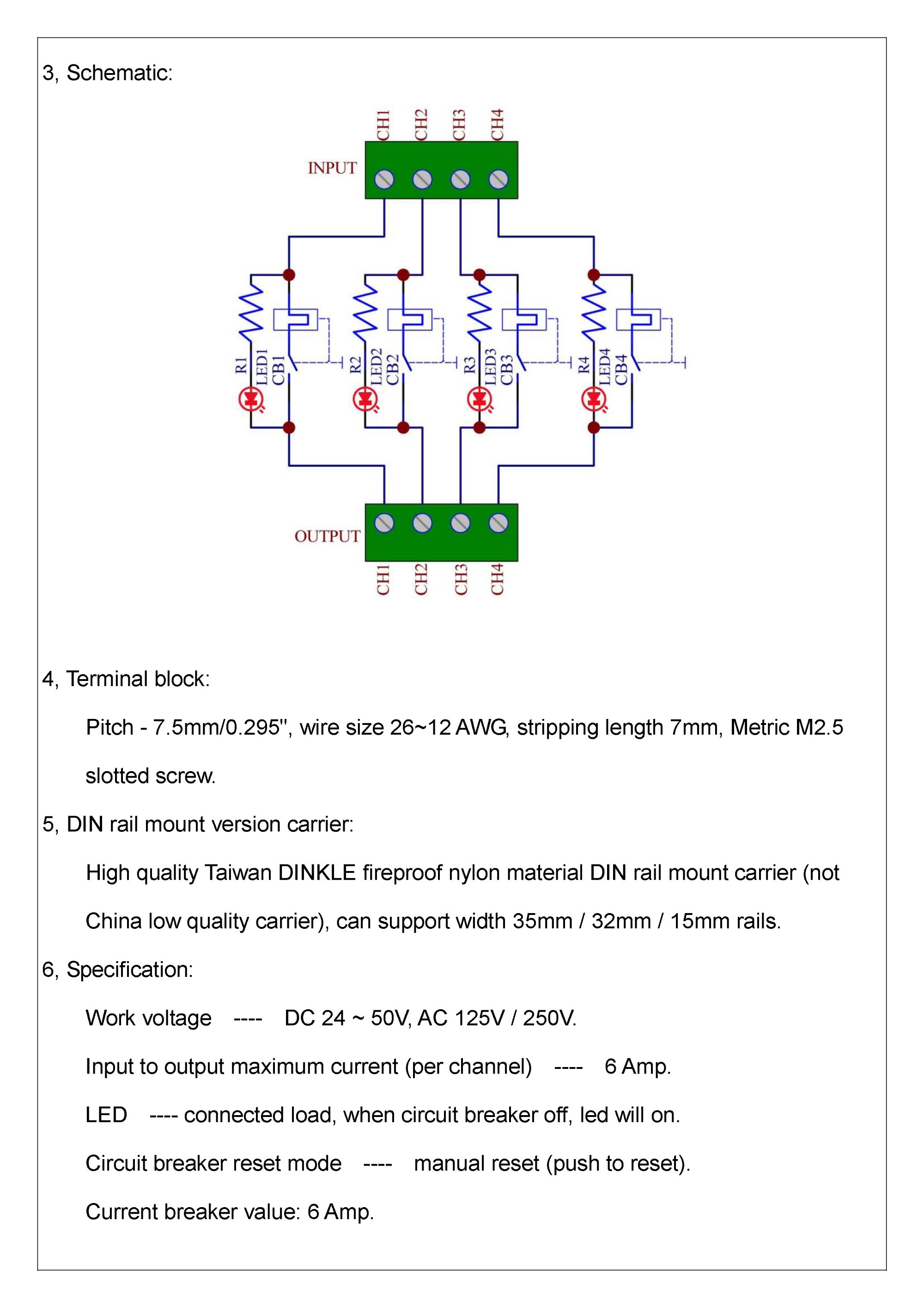 Panel Mount Independent 4 Channels Thermal Circuit Breaker Module.