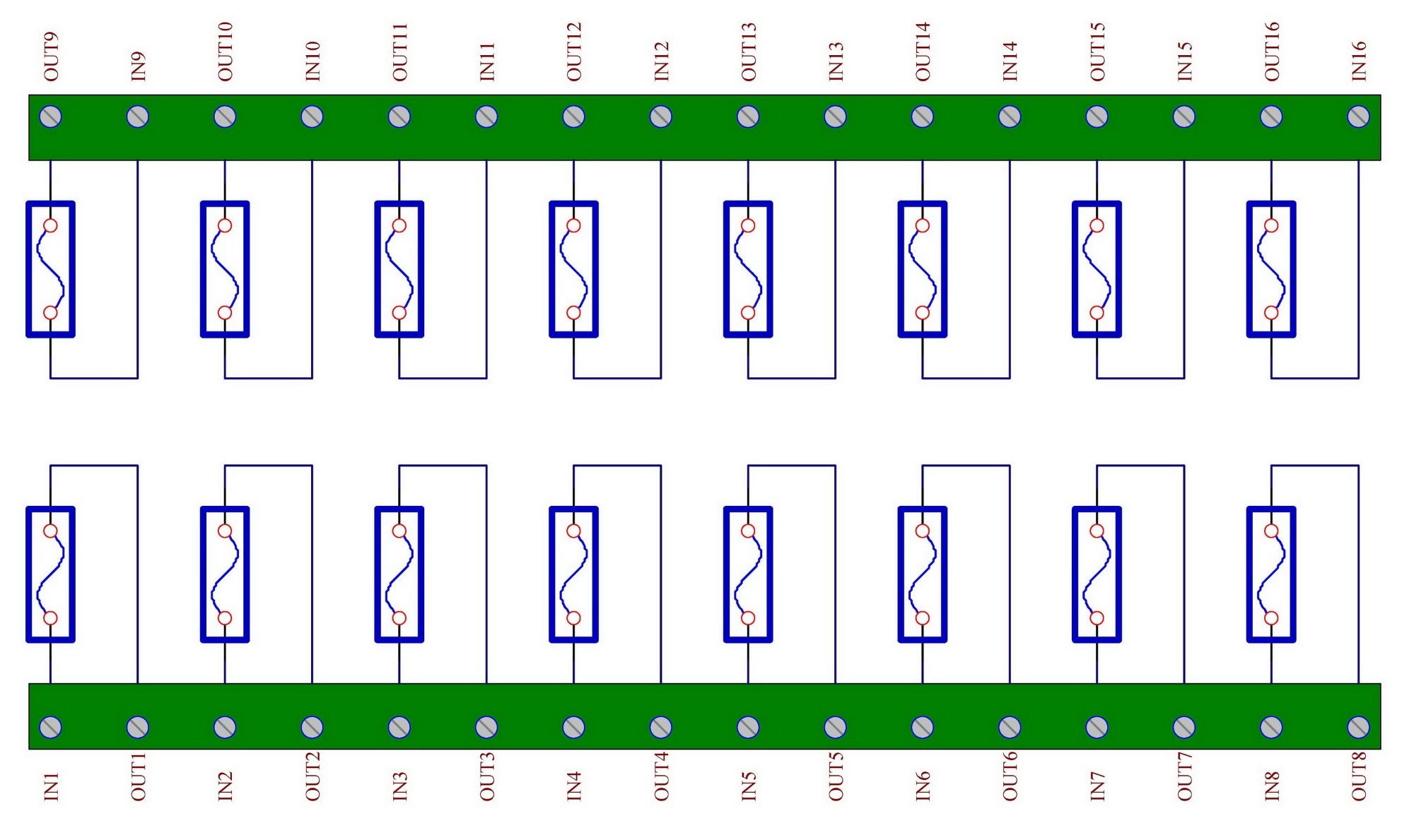 Electronics-Salon 16 Channel Fuse Interface Module, Din Rail Mount, for 5x20mm Tube Fuse.