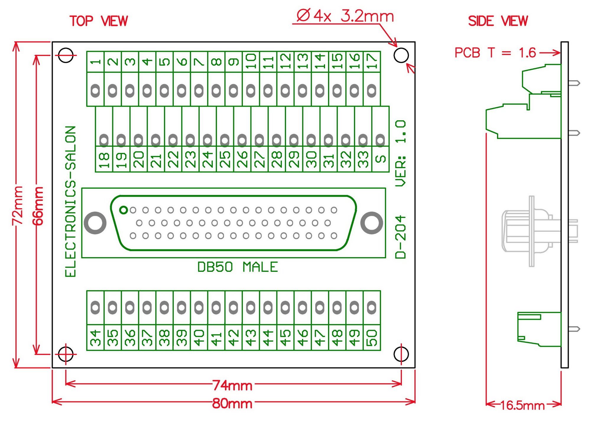 ELECTRONICS-SALON D-SUB DB50 Male Header Breakout Board, DSUB.