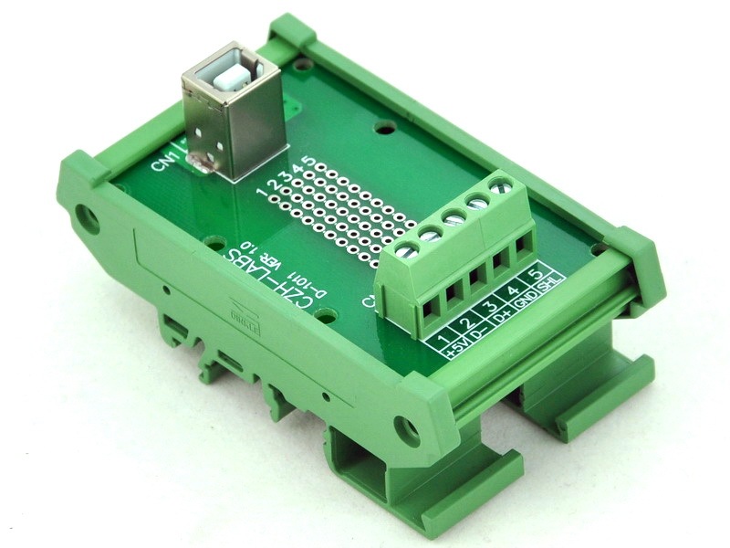 CZH-LABS DIN Rail Mount USB Type B Female Vertical Jack Module Board.