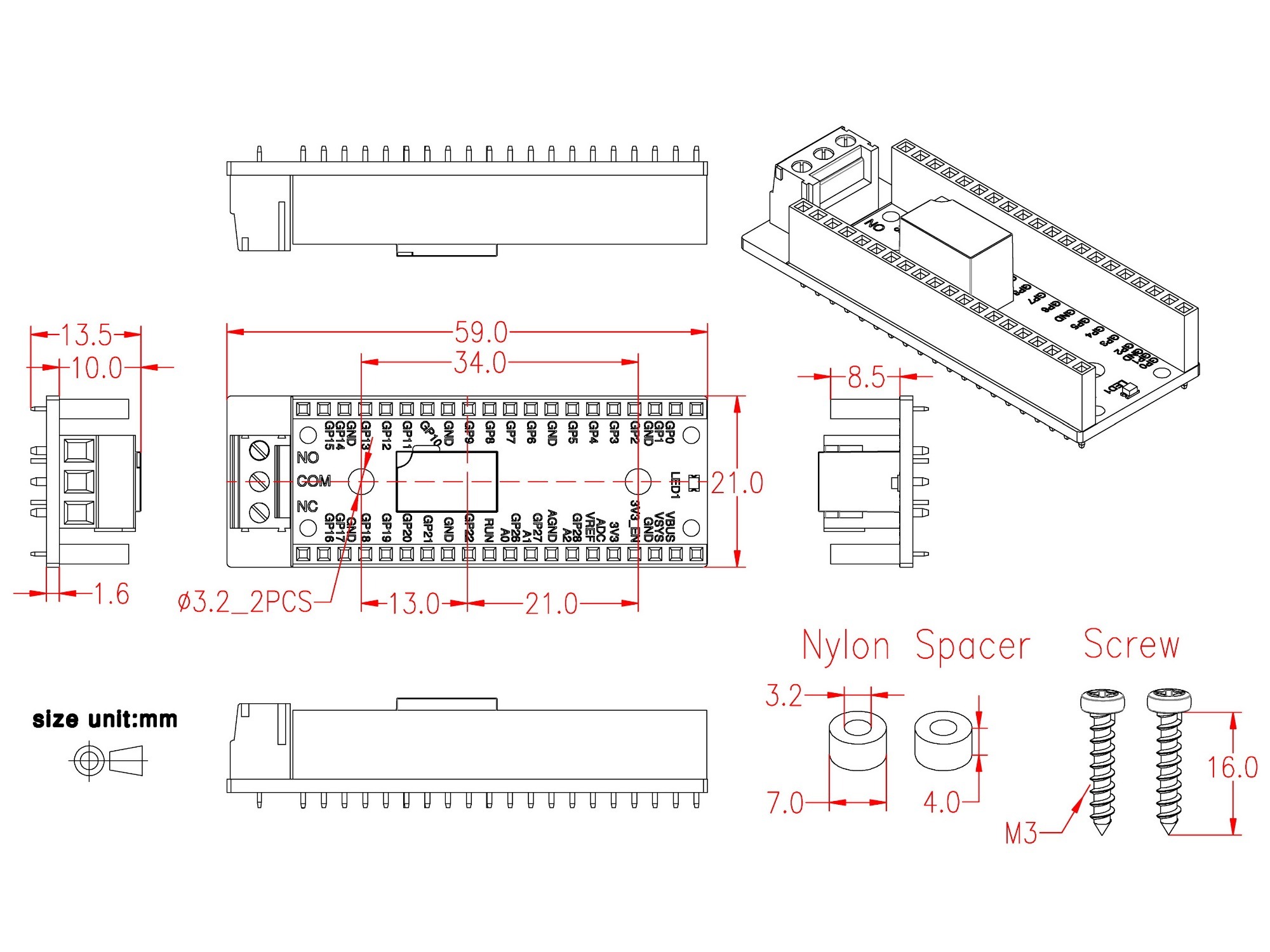 Signal Relay Module for Raspberry Pi Pico, SPDT 2Amp 120V / 24V