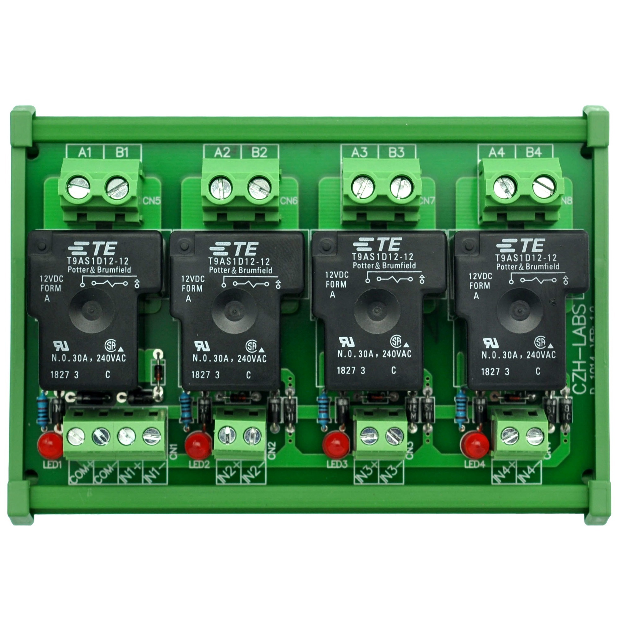 CZH-Labs DIN Rail Mount 12V Passive 4 SPST-NO 30Amp Power Relay Module.
