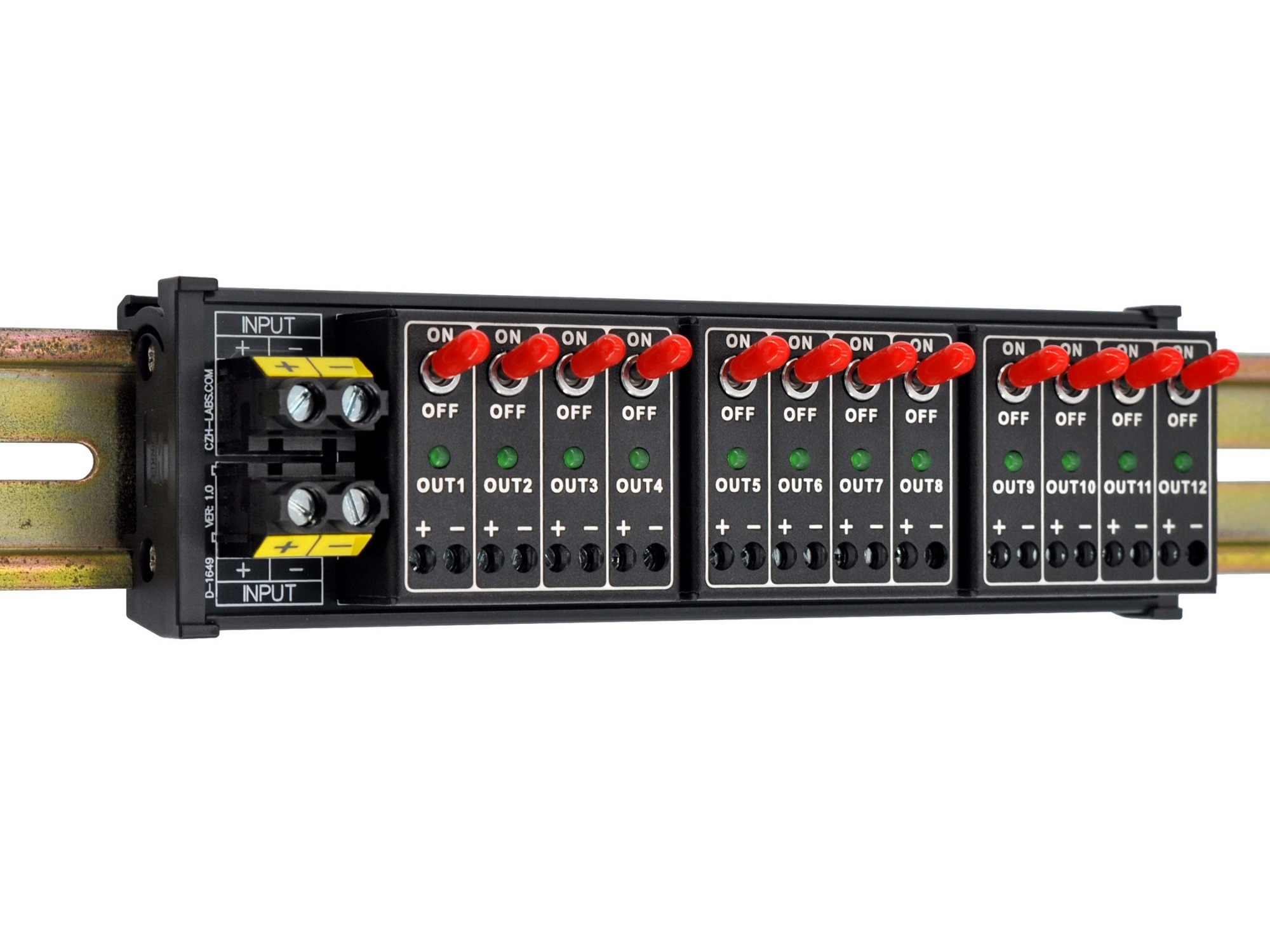DC 12 Channel Toggle Switch Power Distribution Module, DIN Rail Mount
