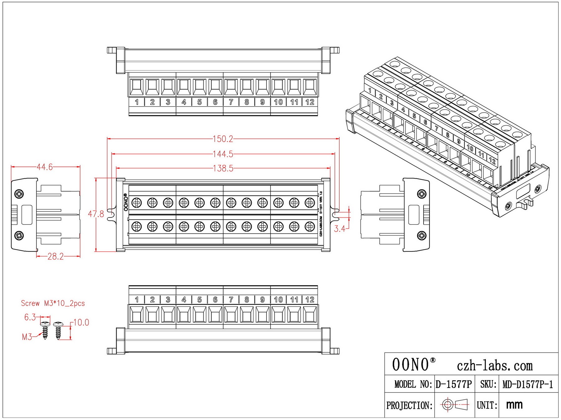 Screw Mount 52Amp 300V 12 Position Screw Terminal Block Distribution Module