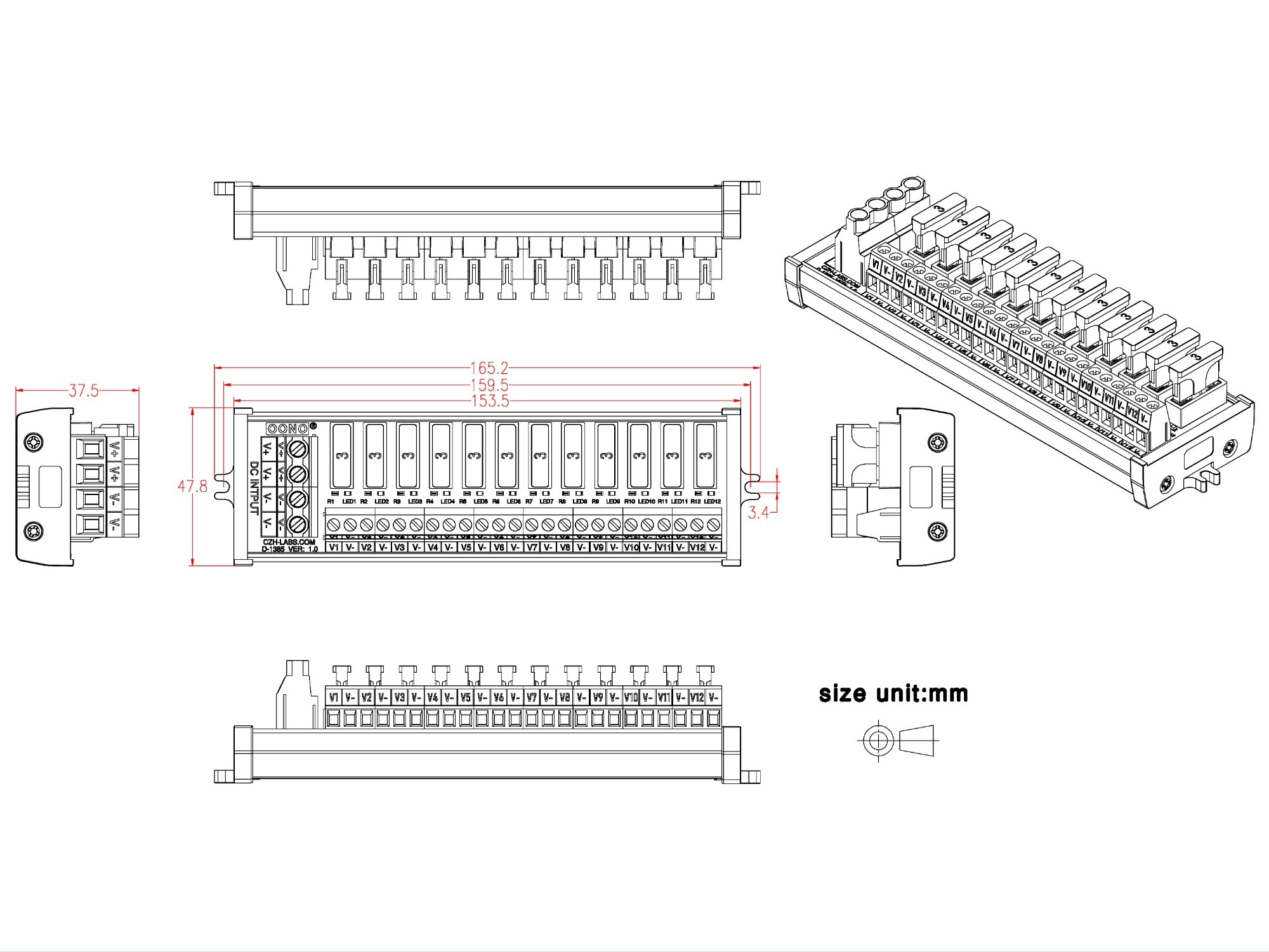 Screw Mount 12 Position DC Power Fuse Distribution Strip Module