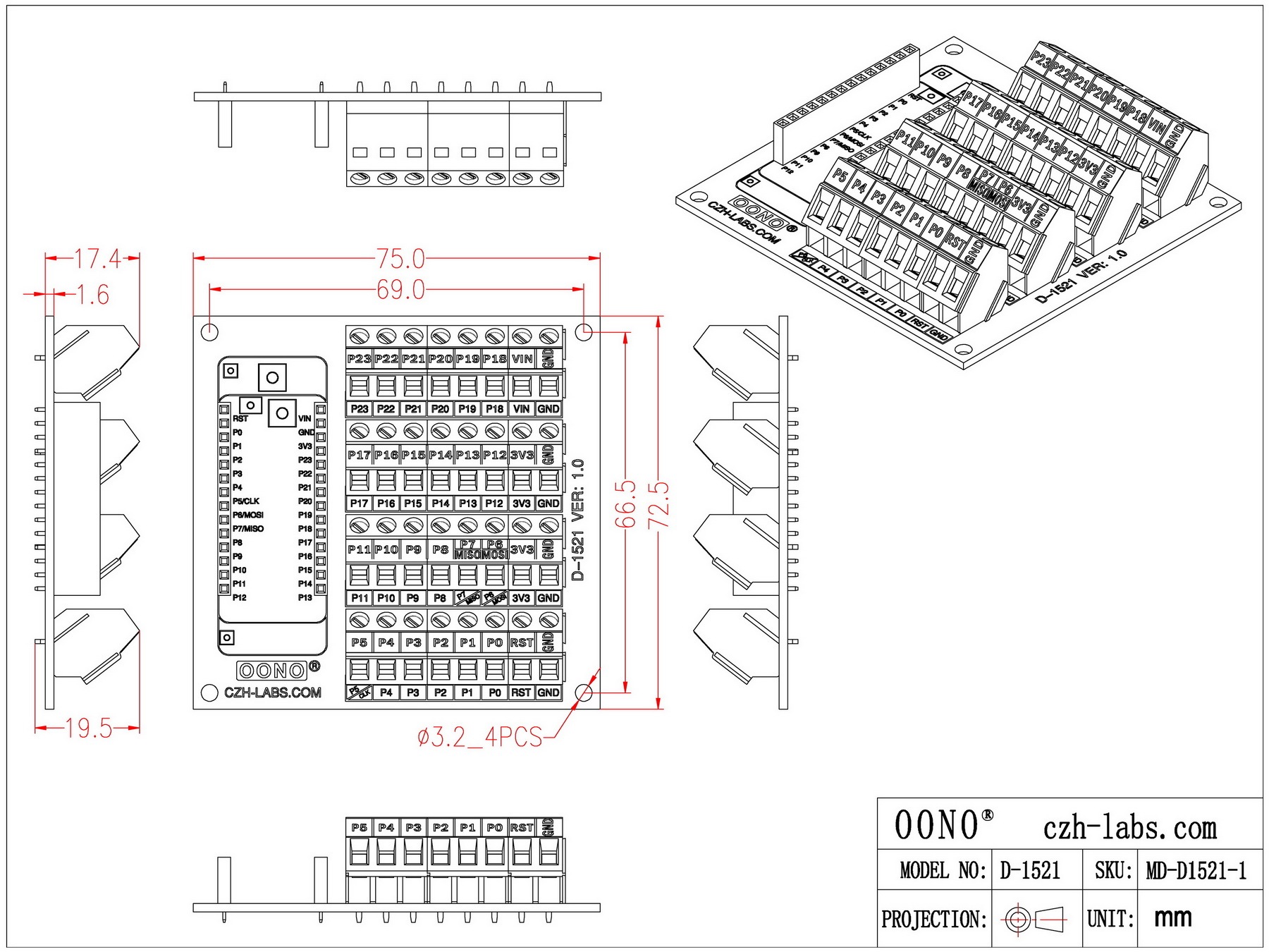 Screw Terminal Block Breakout Module Board for Pycom WiPy LoPy SiPy FiPy