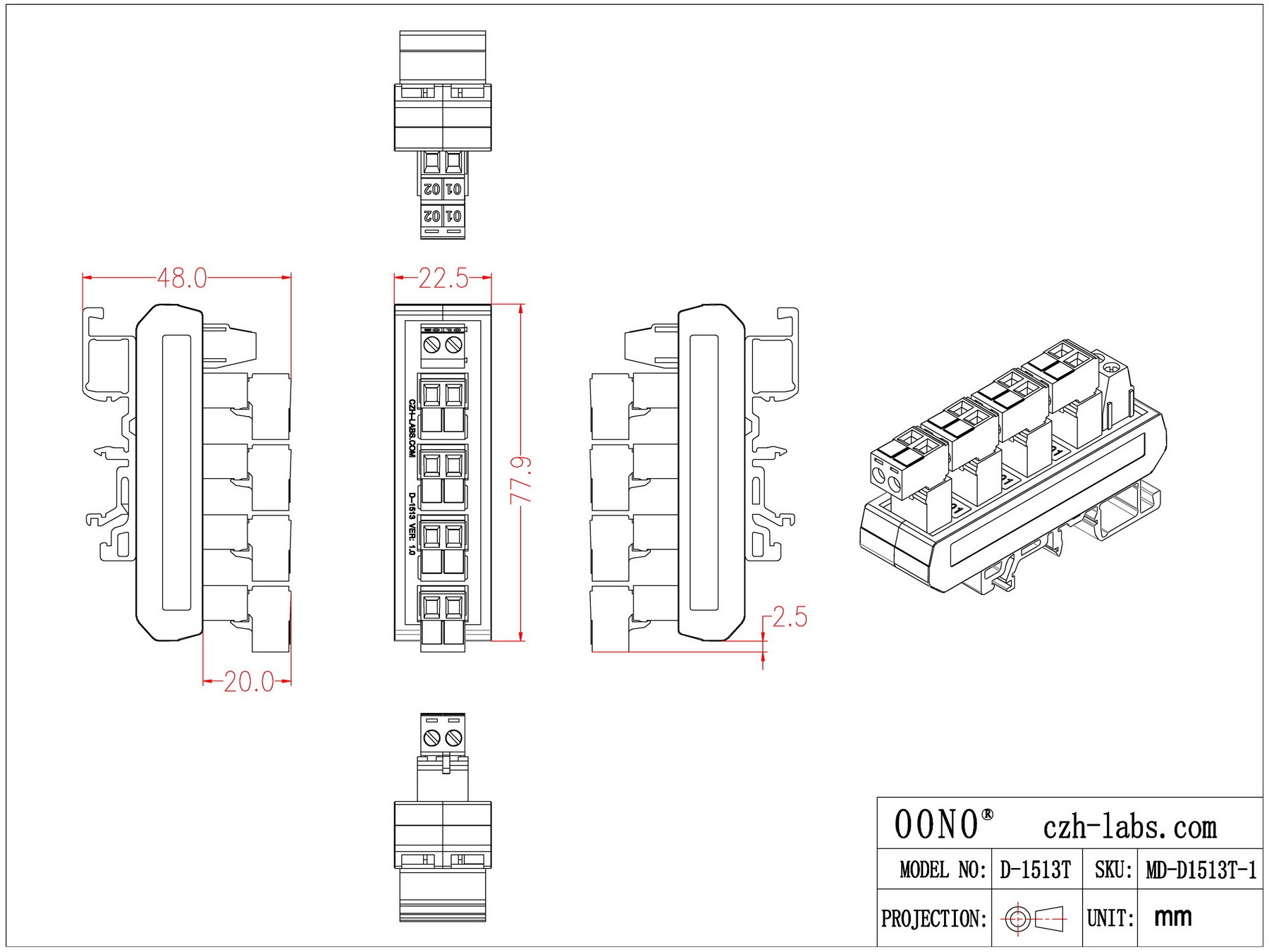 Slim DIN Rail Mount 10A/300V 5x2 Position Pluggable Screw Terminal Block Distribution Module