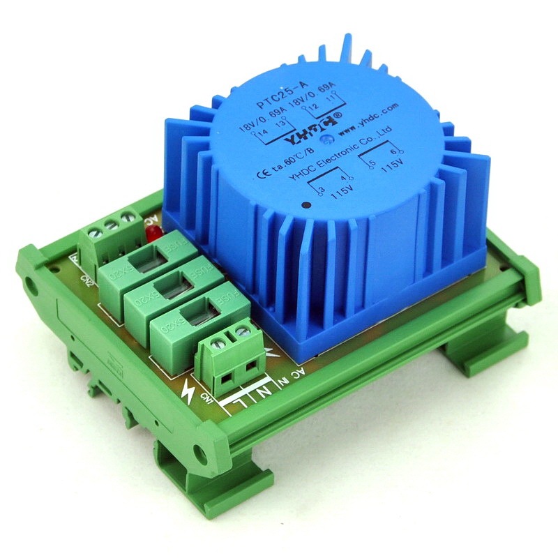 CZH P 115VAC, S 2x 18VAC, 25VA DIN Rail Mount Toroidal Power Transformer Module.