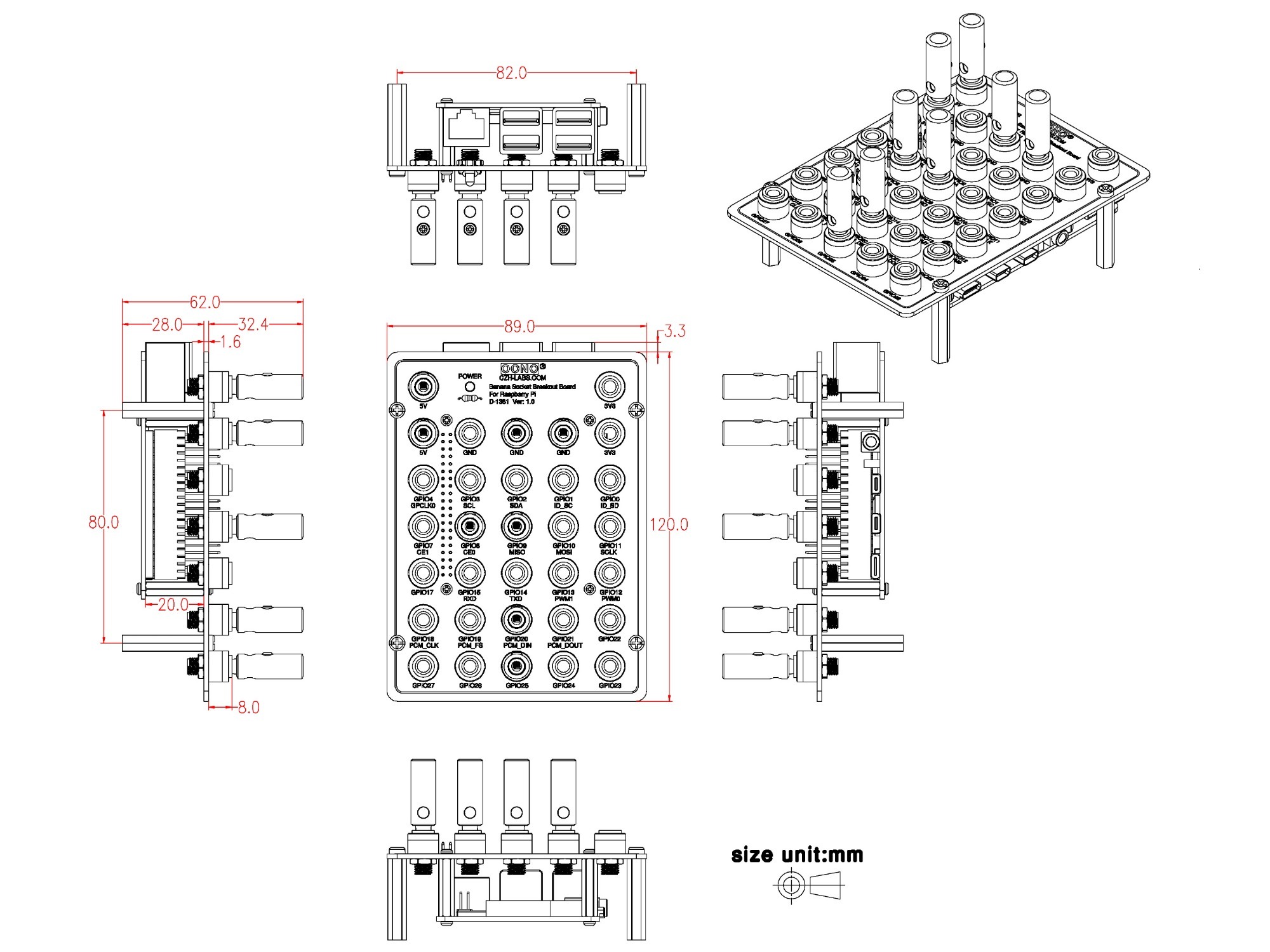 Banana Socket GPIO Breakout Board for Raspberry Pi 1A+ 1B+ 2B 3B 3B+ 3A+ 4B