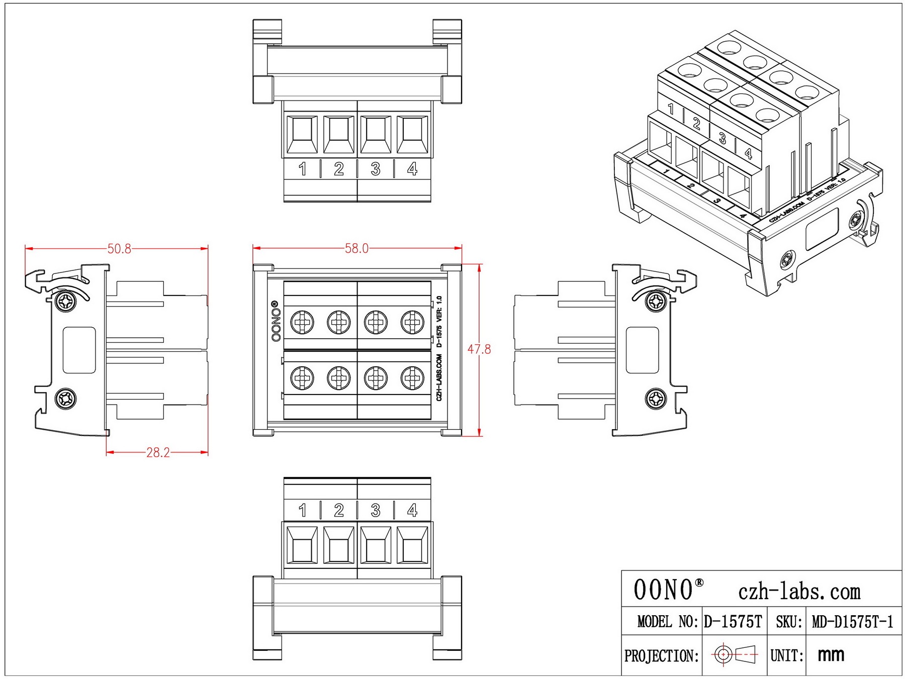 DIN Rail Mount 52Amp 300V 4 Position Screw Terminal Block Distribution Module