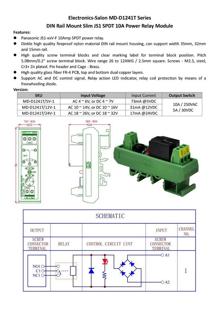 ELECTRONICS-SALON AC/DC 12V Slim DIN Rail Mount 10Amp SPDT Power Relay Interface Module, JS1-12V-F.