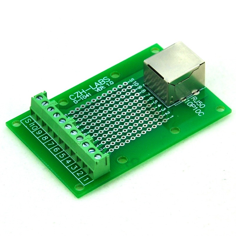 CZH-LABS RJ50 10P10C Right Angle Shielded Jack Breakout Board, Terminal Block Connector.