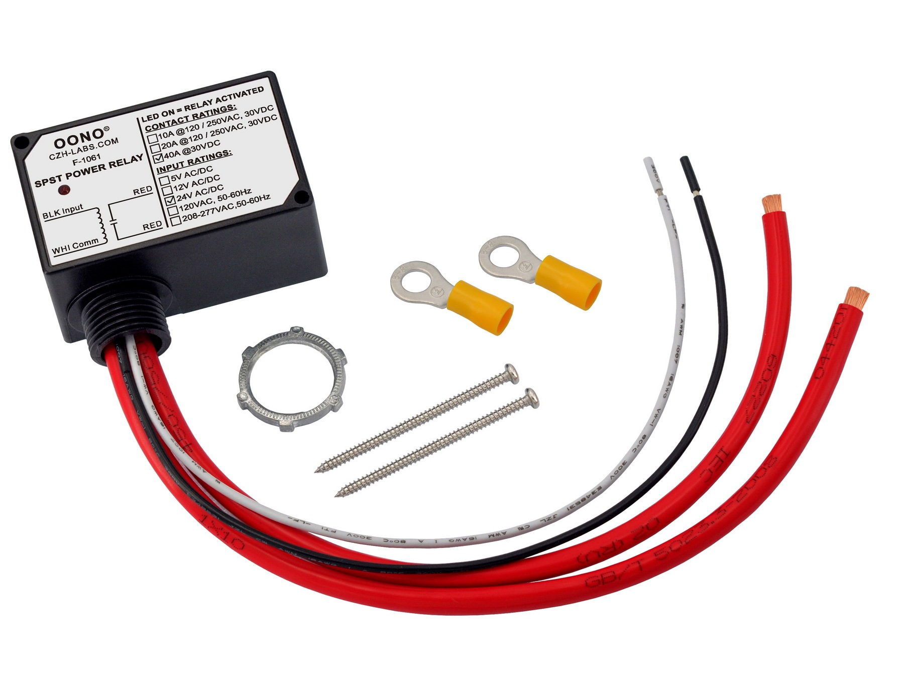 AC/DC 24V SPST Power Relay Module, 40Amp 30Vdc, Plastic Enclosure and Pre-wired, OONO F-1061