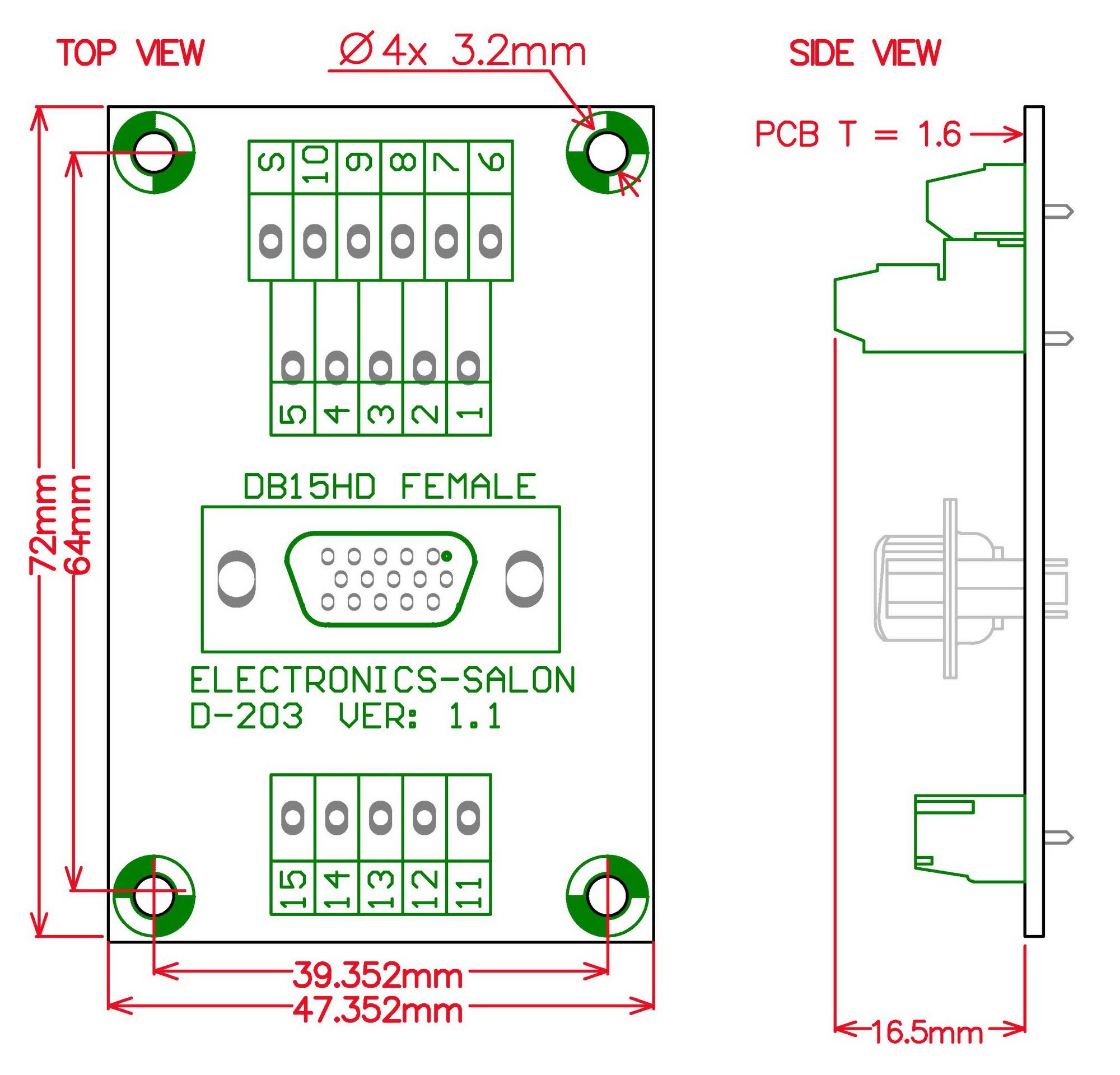 ELECTRONICS-SALON D-SUB DB15HD Female Header Breakout Board, DSUB.