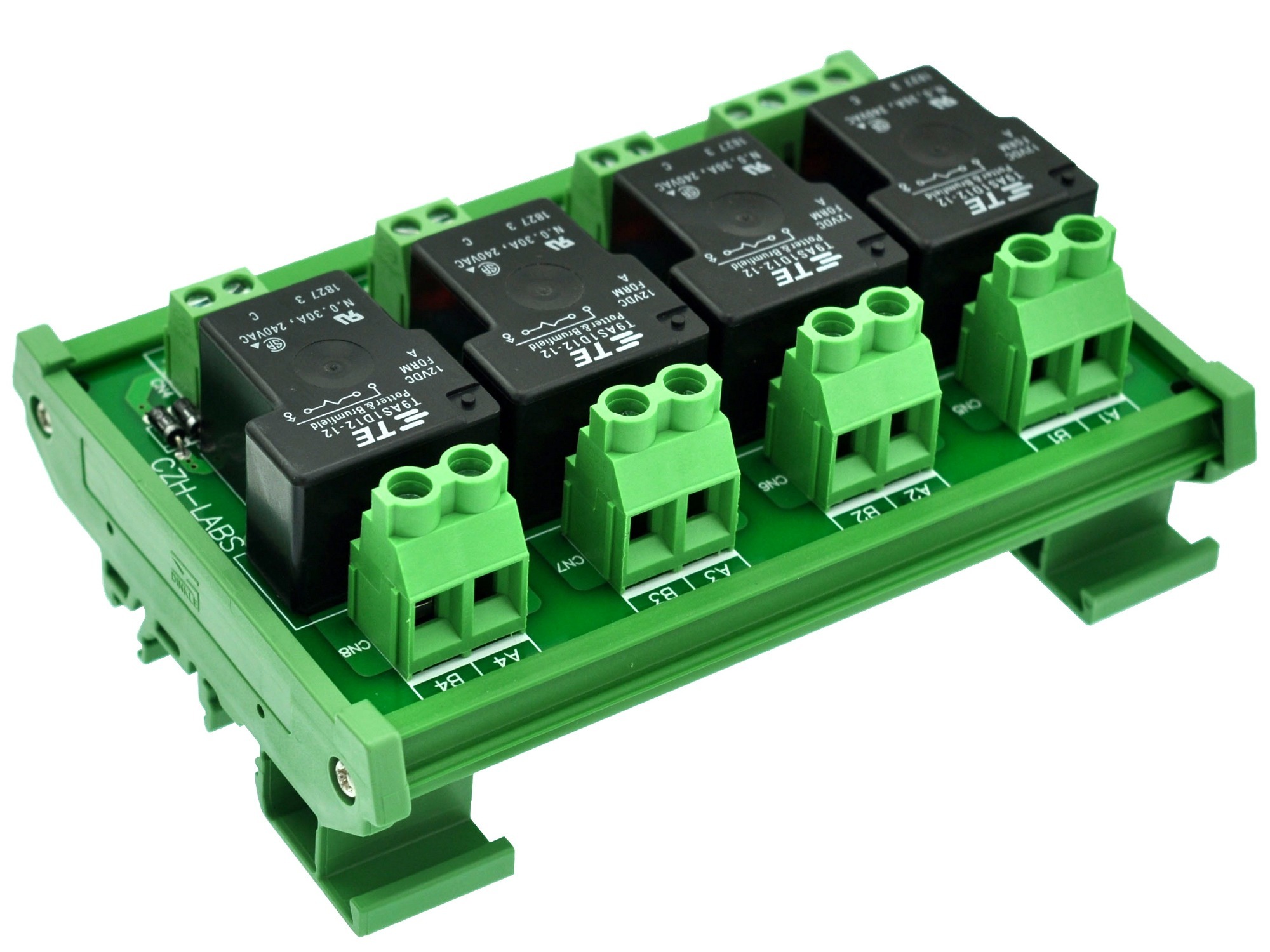 CZH-Labs DIN Rail Mount 12V Passive 4 SPST-NO 30Amp Power Relay Module.