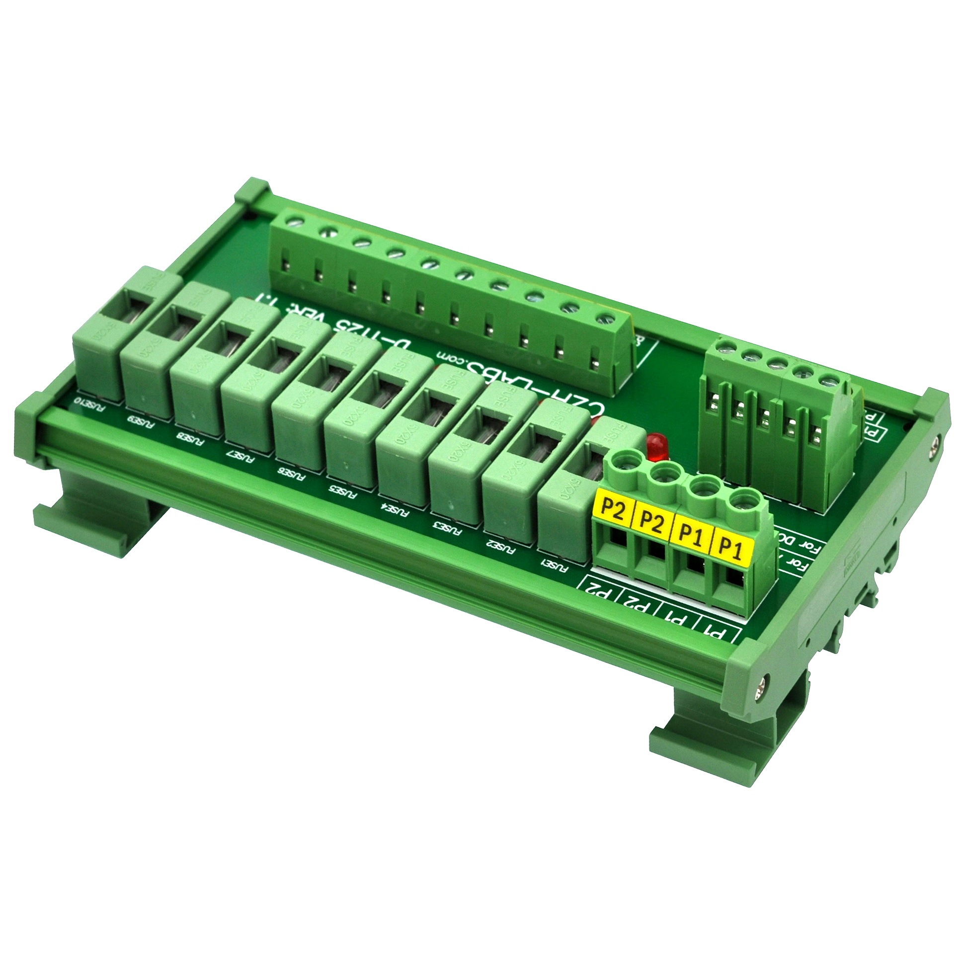 CZH-LABS DIN Rail Mount 80~140VAC 10 Position Power Distribution Fuse Module Board.