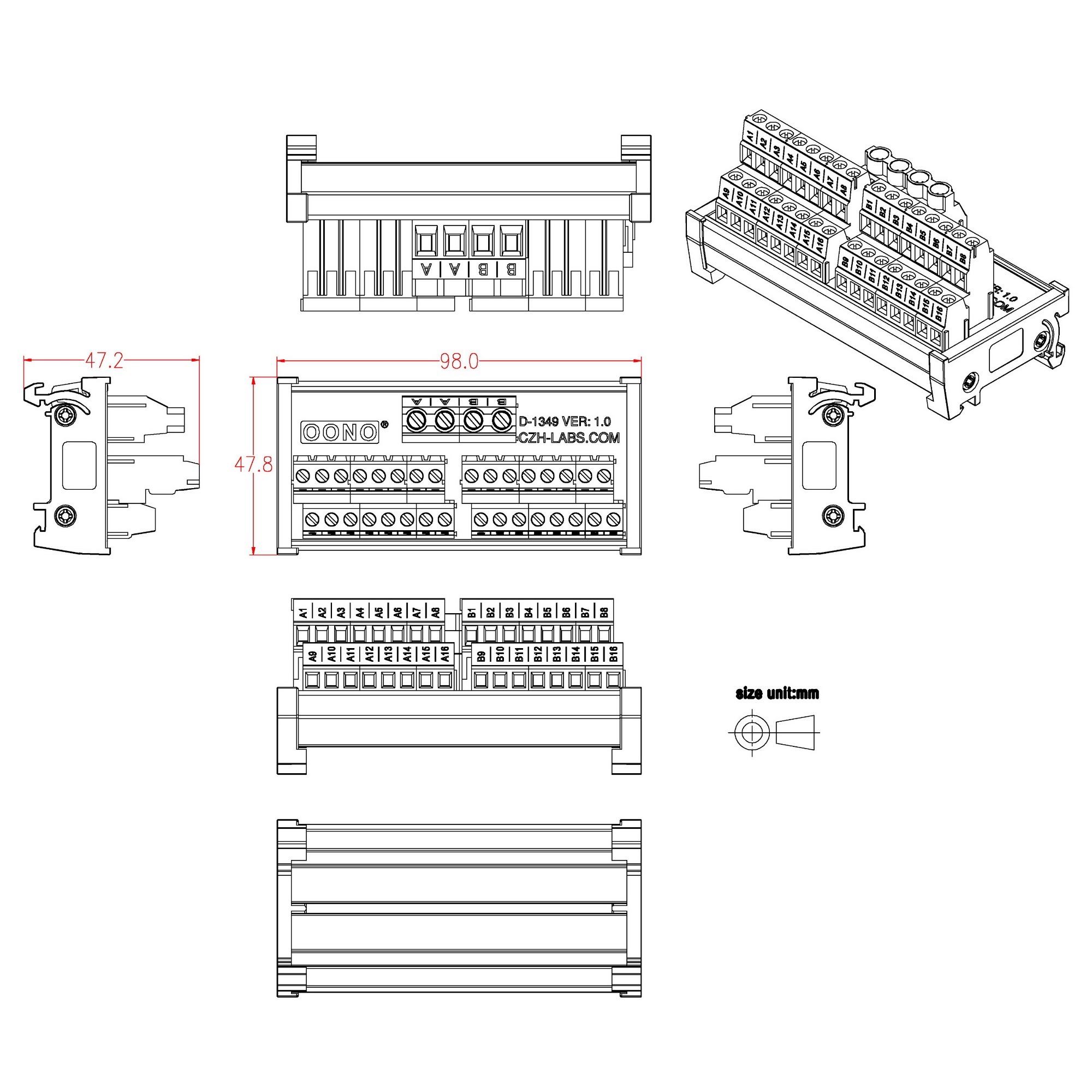 DIN Rail Mount 2x16 Position Screw Terminal Block Power Distribution Module