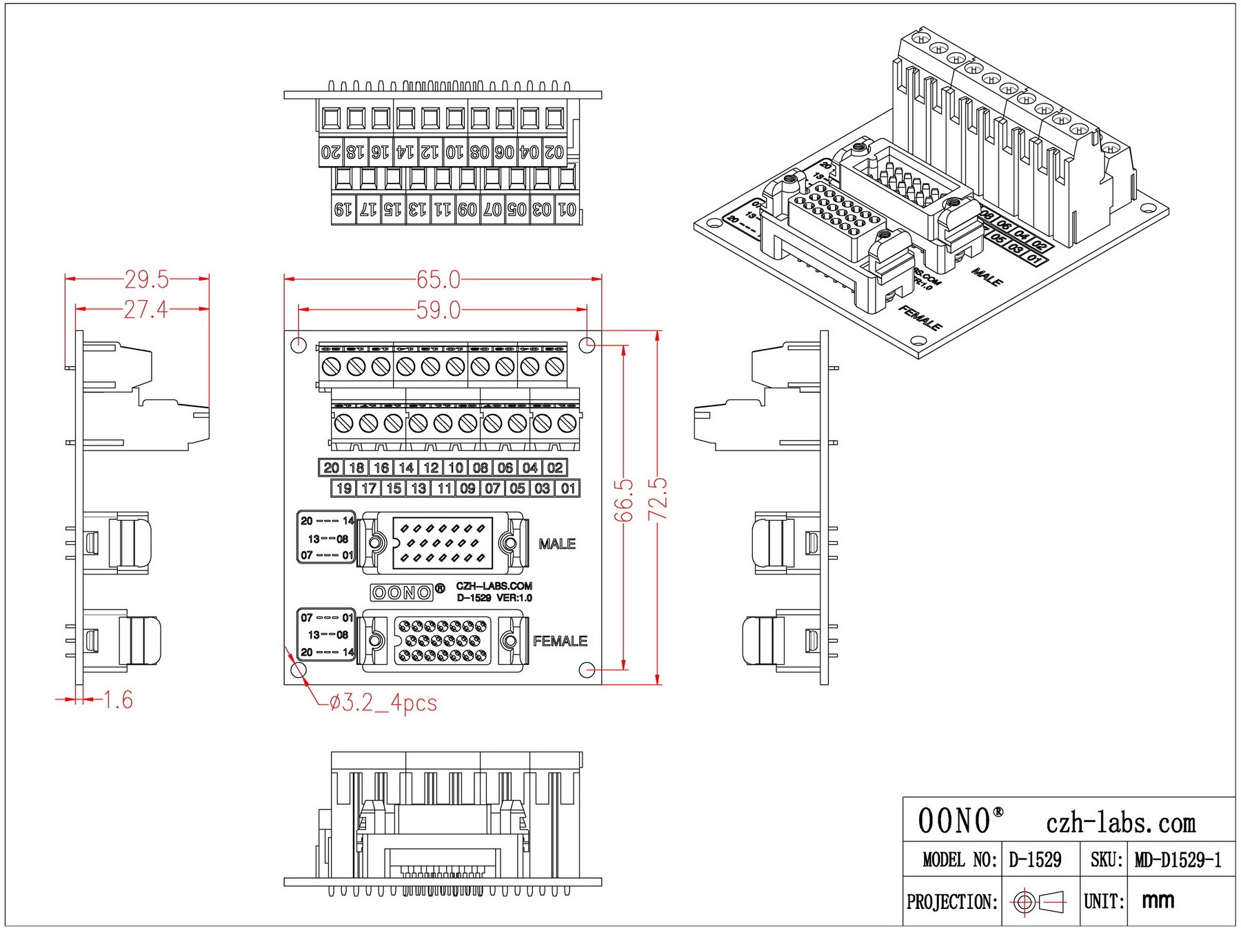MR20 Male-Female Breakout Board Terminal Block Interface Module, MR-20RMD2 MR-20RFD2