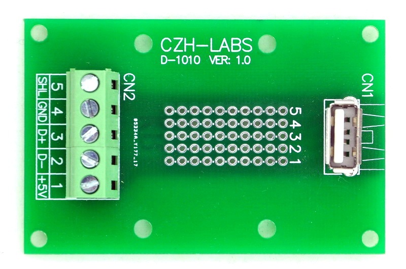CZH-LABS USB Type A Female Vertical Jack Breakout Board, Terminal Block Connector.
