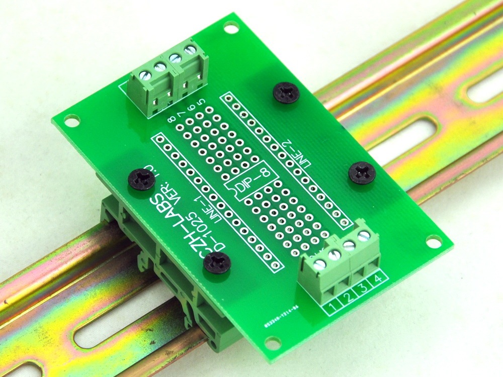 DIP-8 Component to Screw Terminal Adapter PCB, w/Simple DIN Rail Mount Bracket.