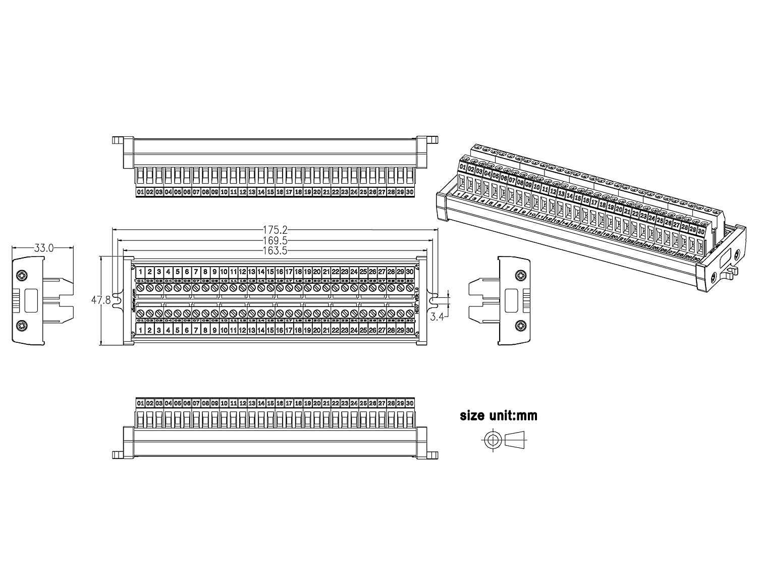 30 Position 24Amp/400V Screw Terminal Block Distribution Module (Screw Mount)