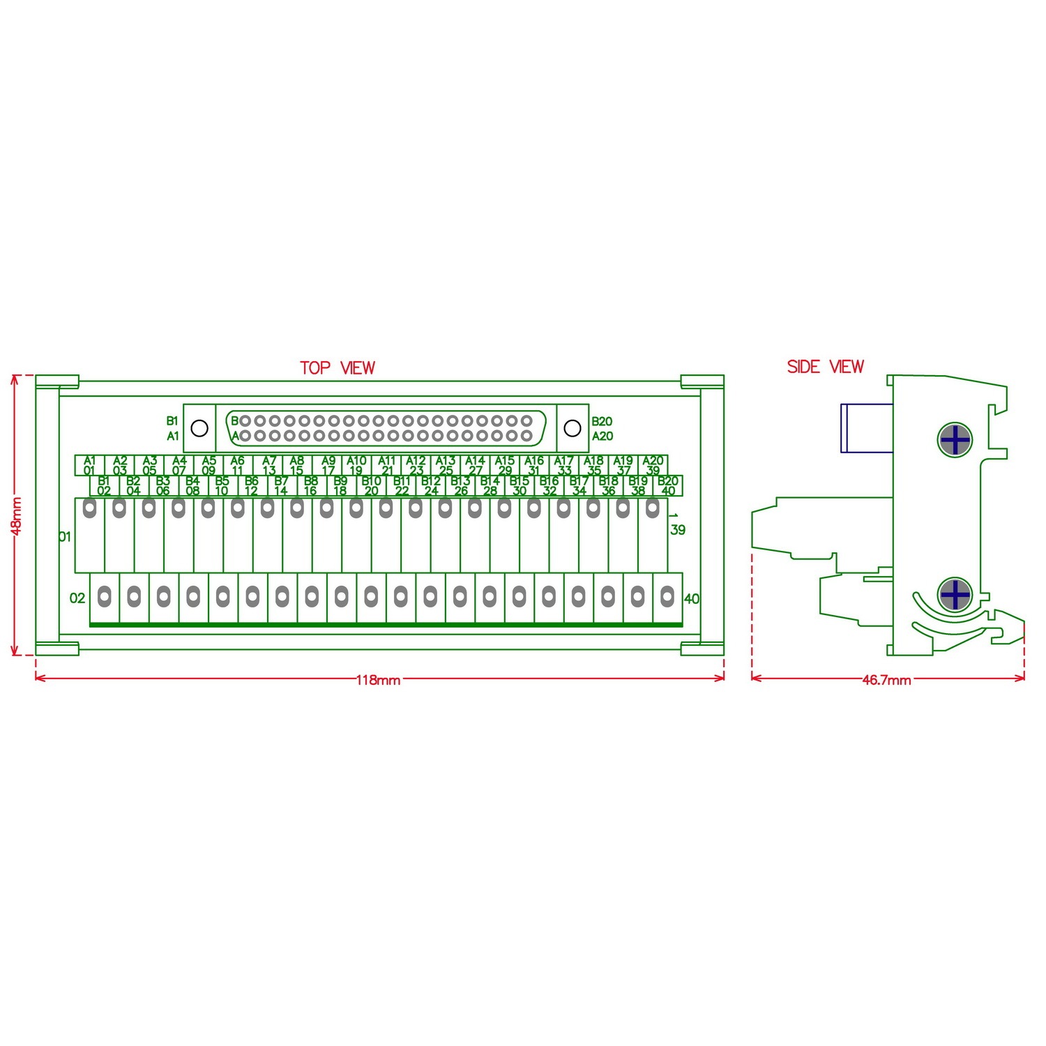 Compatible XW2B-40F5-P 40Pin Rectangular Connector-Terminal Block Conversion Module, for PLC Wiring. MD-D1234T-1