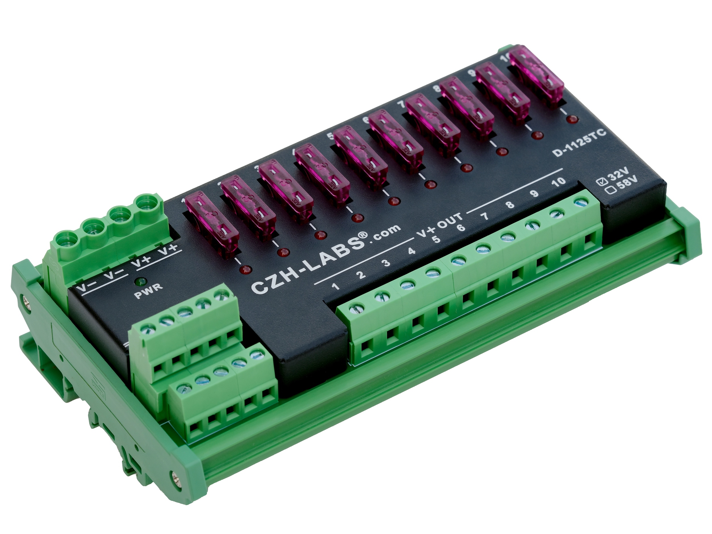 DIN Rail Mount DC 5-32V 10 Position Screw Terminal Block Power Distribution Module, CZH-LABS D-1125TC/32V