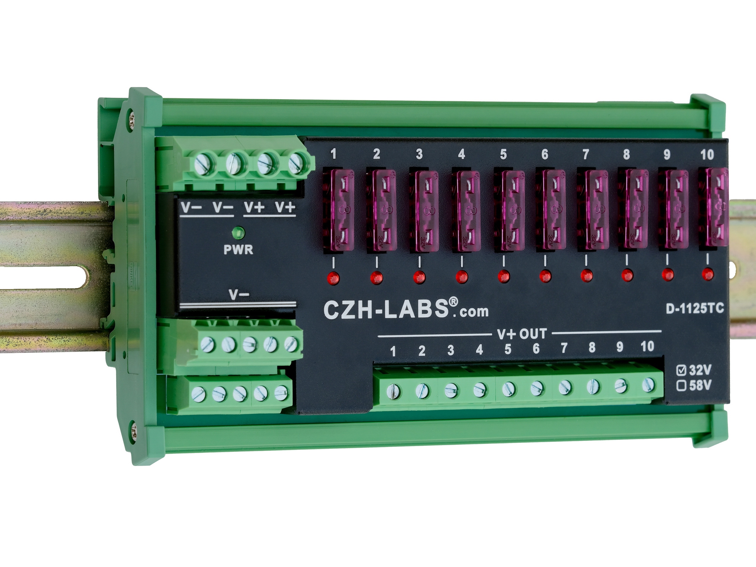 DIN Rail Mount DC 5-32V 10 Position Screw Terminal Block Power Distribution Module, CZH-LABS D-1125TC/32V