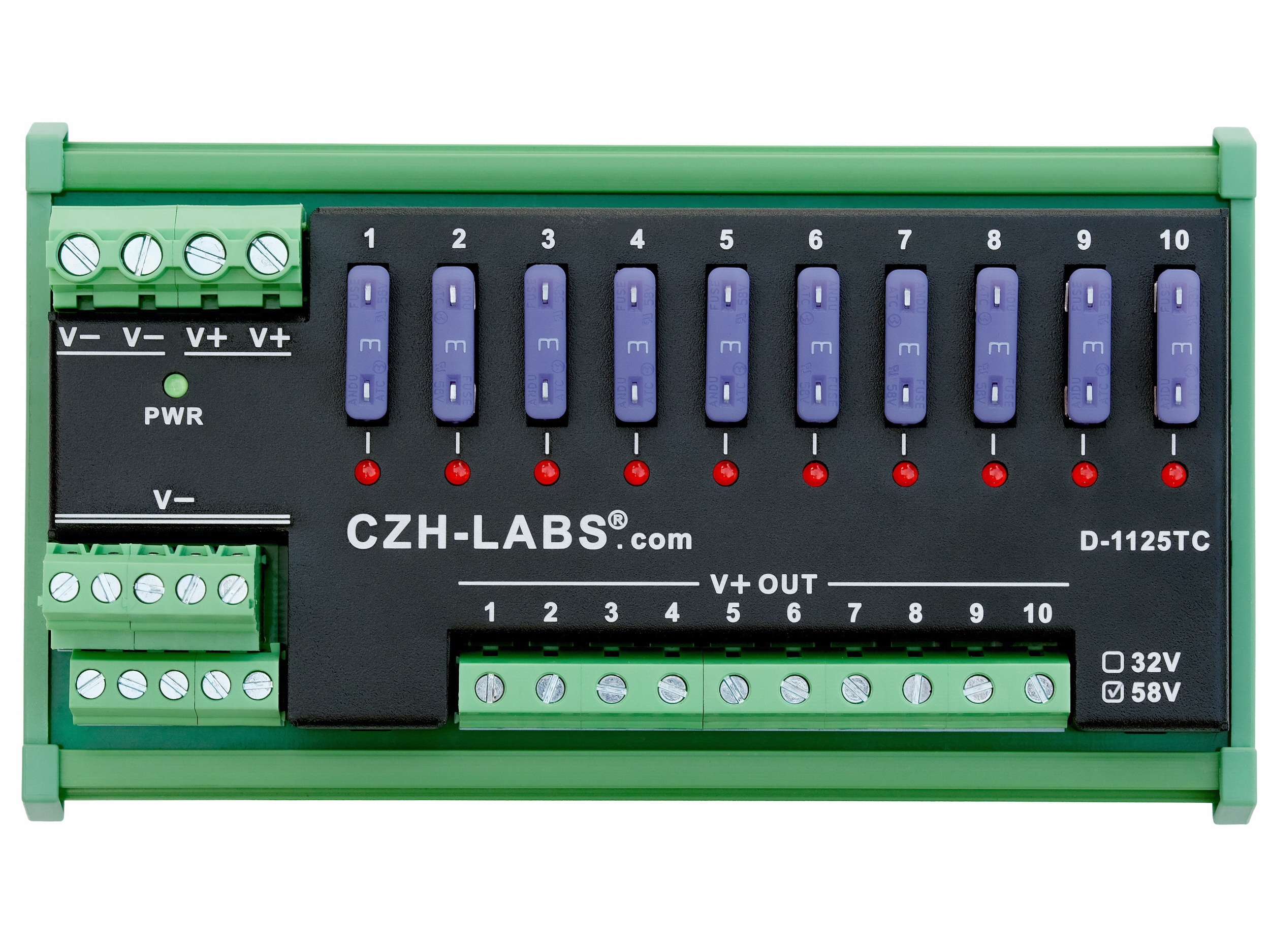 DIN Rail Mount DC 5-58V 10 Position Screw Terminal Block Power Distribution Module, CZH-LABS D-1125TC/58V