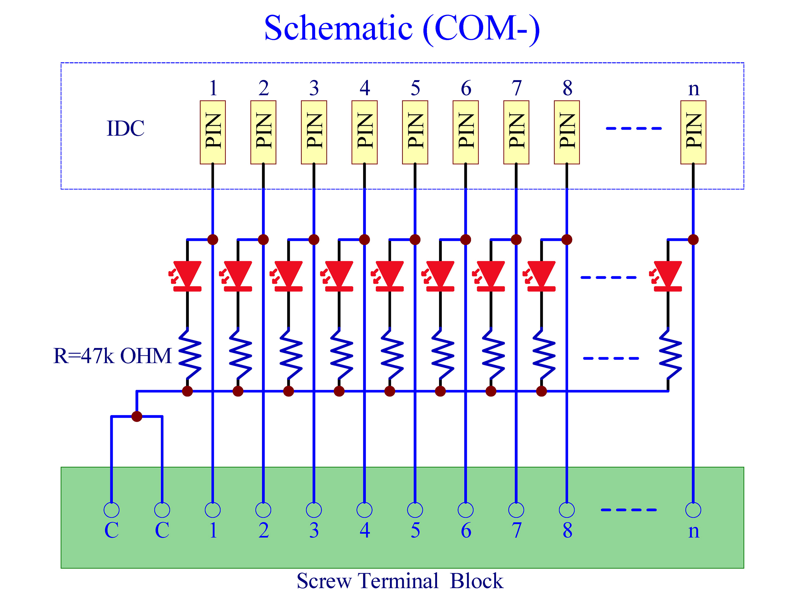 IDC10 Interface Module, COM- with LEDs For Circuit Indication, DIN41651 Flat Ribbon Cable Breakout Board, DIN Rail Mount