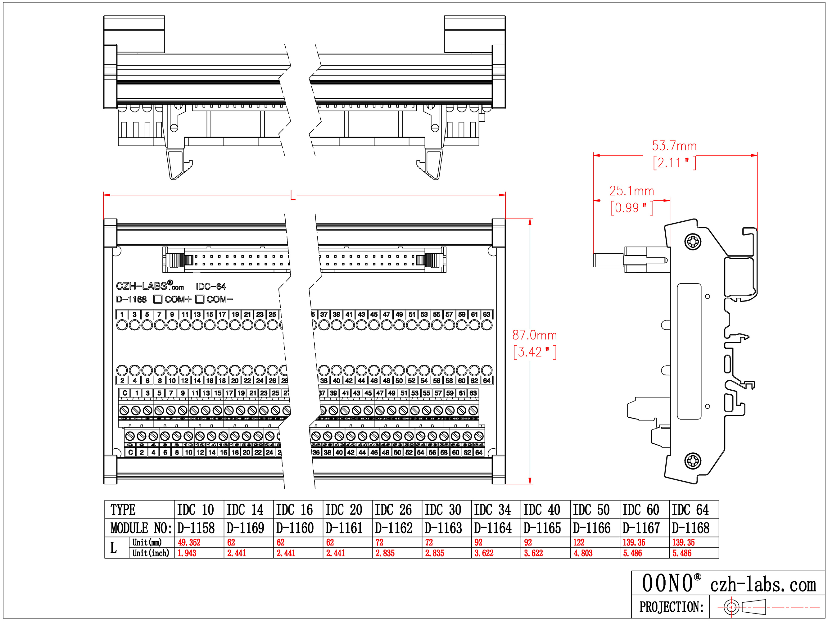 IDC10 Interface Module, COM+ with LEDs For Circuit Indication, DIN41651 Flat Ribbon Cable Breakout Board, DIN Rail Mount