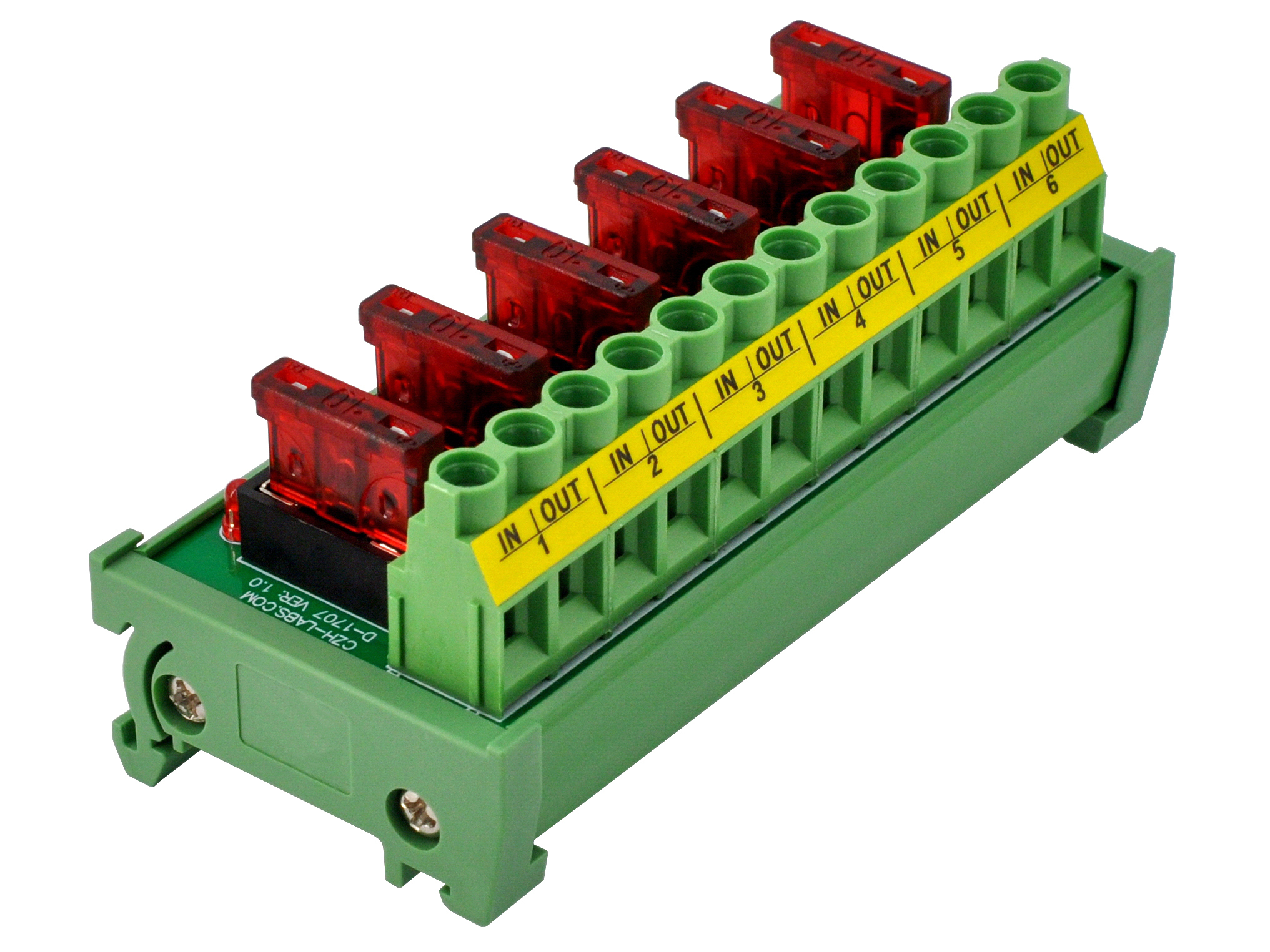 DIN Rail Mount DC 5 - 32V 6 Channel ATO Fuse Module, CZH-LABS D-1707T/32V