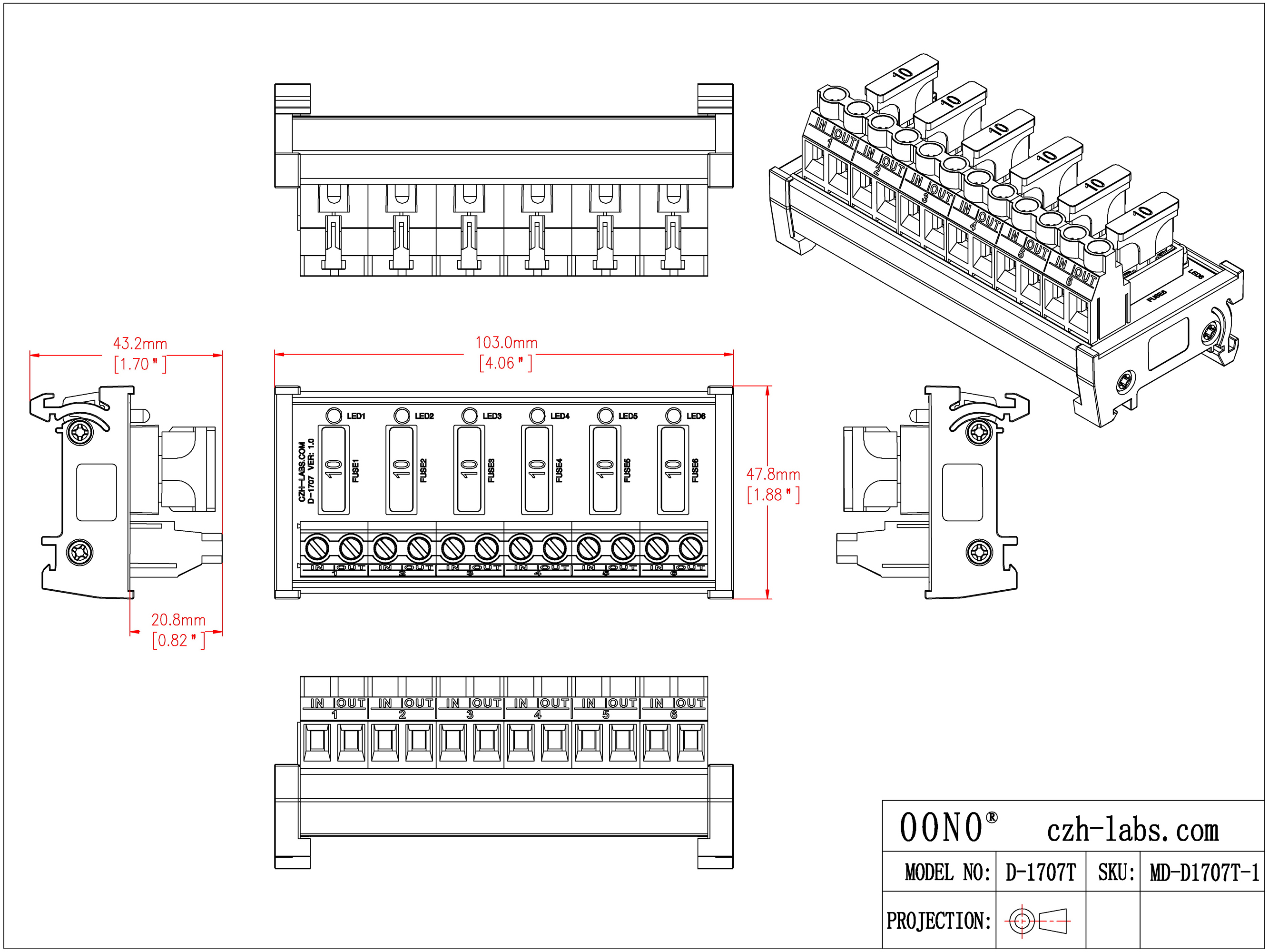 DIN Rail Mount DC 5 - 32V 6 Channel ATO Fuse Module, CZH-LABS D-1707T/32V