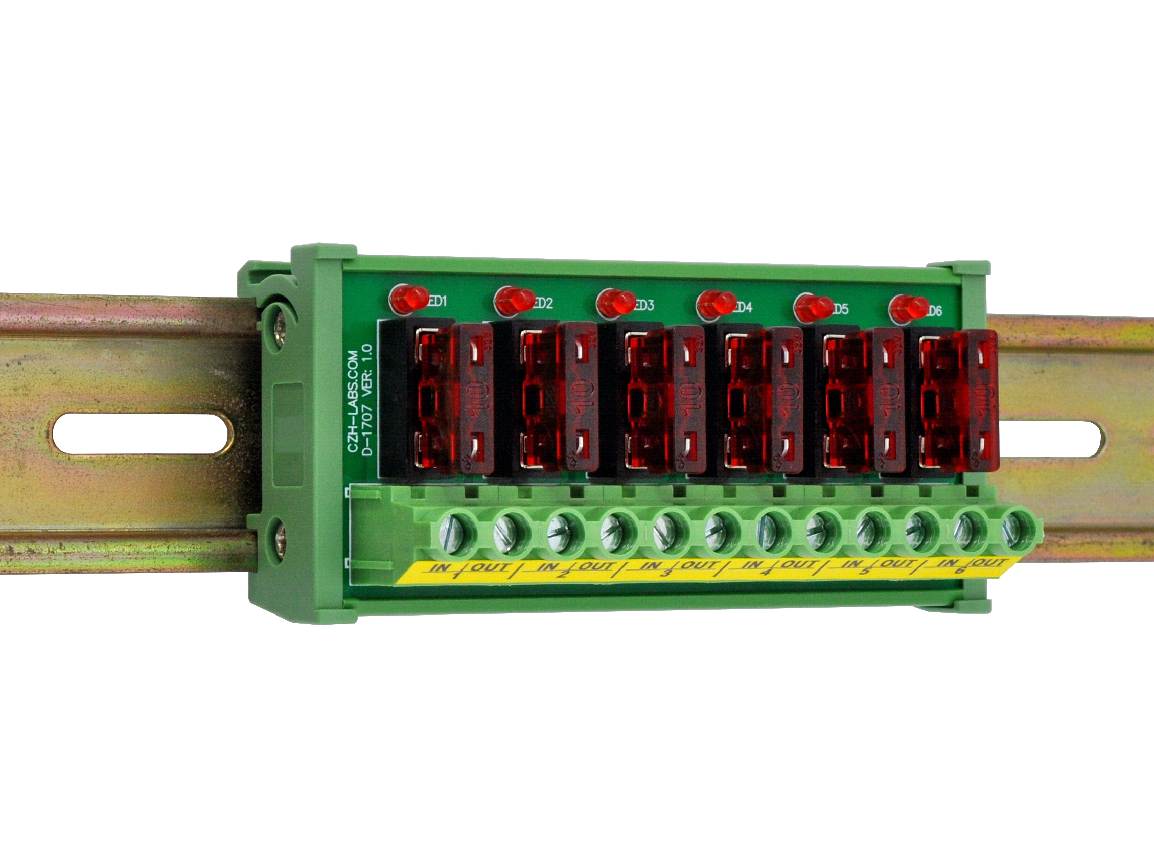 DIN Rail Mount DC 5 - 32V 6 Channel ATO Fuse Module, CZH-LABS D-1707T/32V