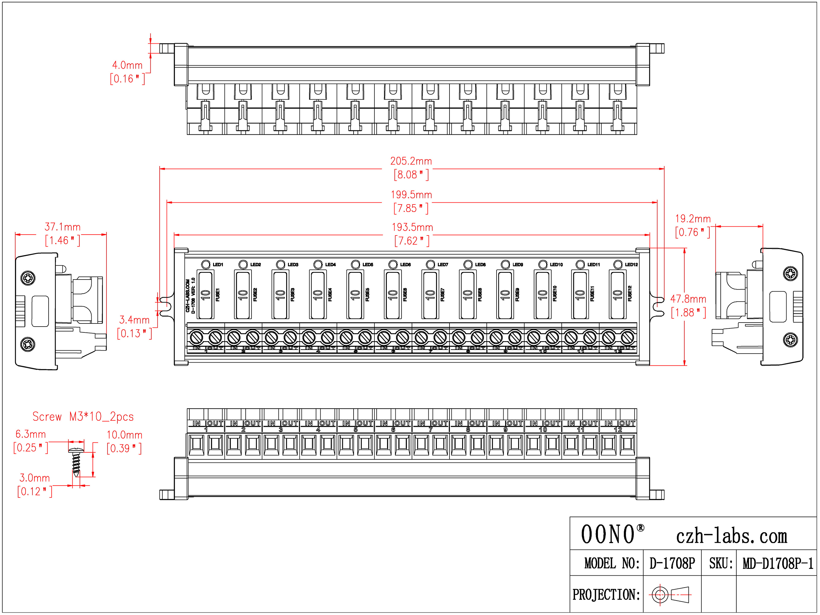 Screw Mount DC 5 - 32V 12 Channel ATO Fuse Module, CZH-LABS D-1708P/32V